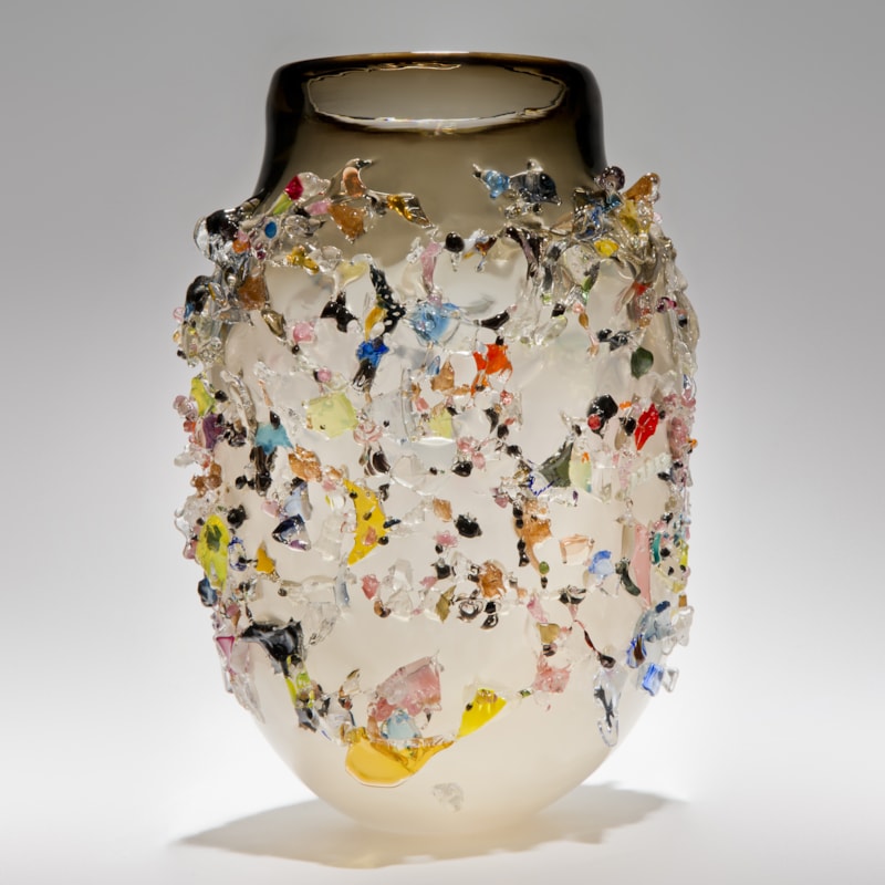 amber white contemporary art-glass sculptural vessel made from handblown glass with dozens of multicoloured crystals adorning exterior
