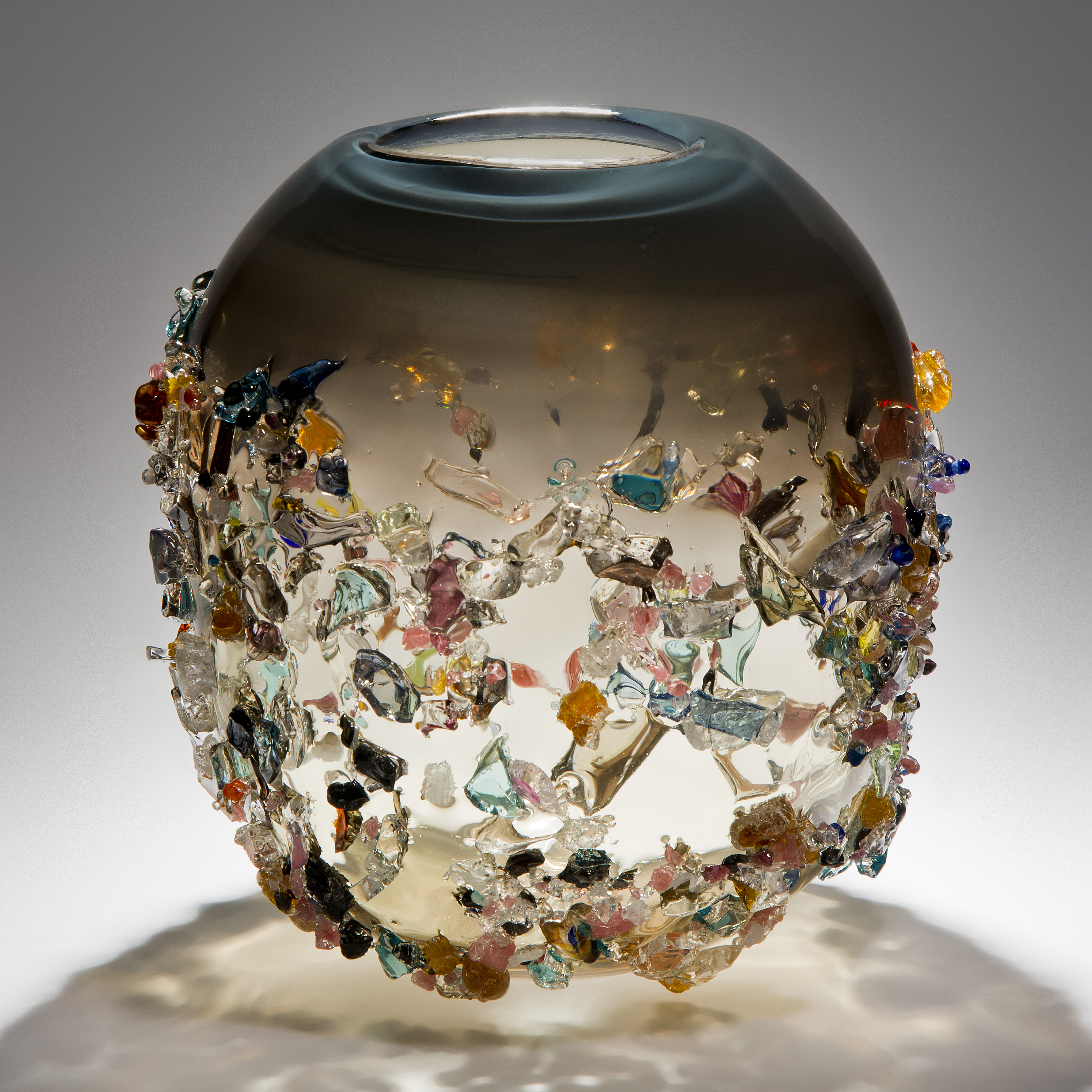 modern handblown glass decorative ornament vase in grey with external rainbow coloured crystal adornments