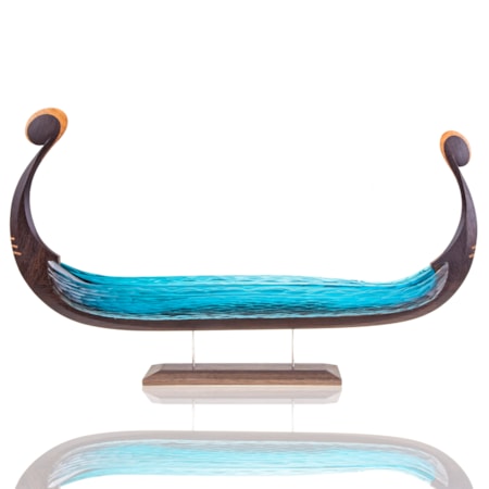 artwork of viking longboat made from dark brown wood and blue glass
