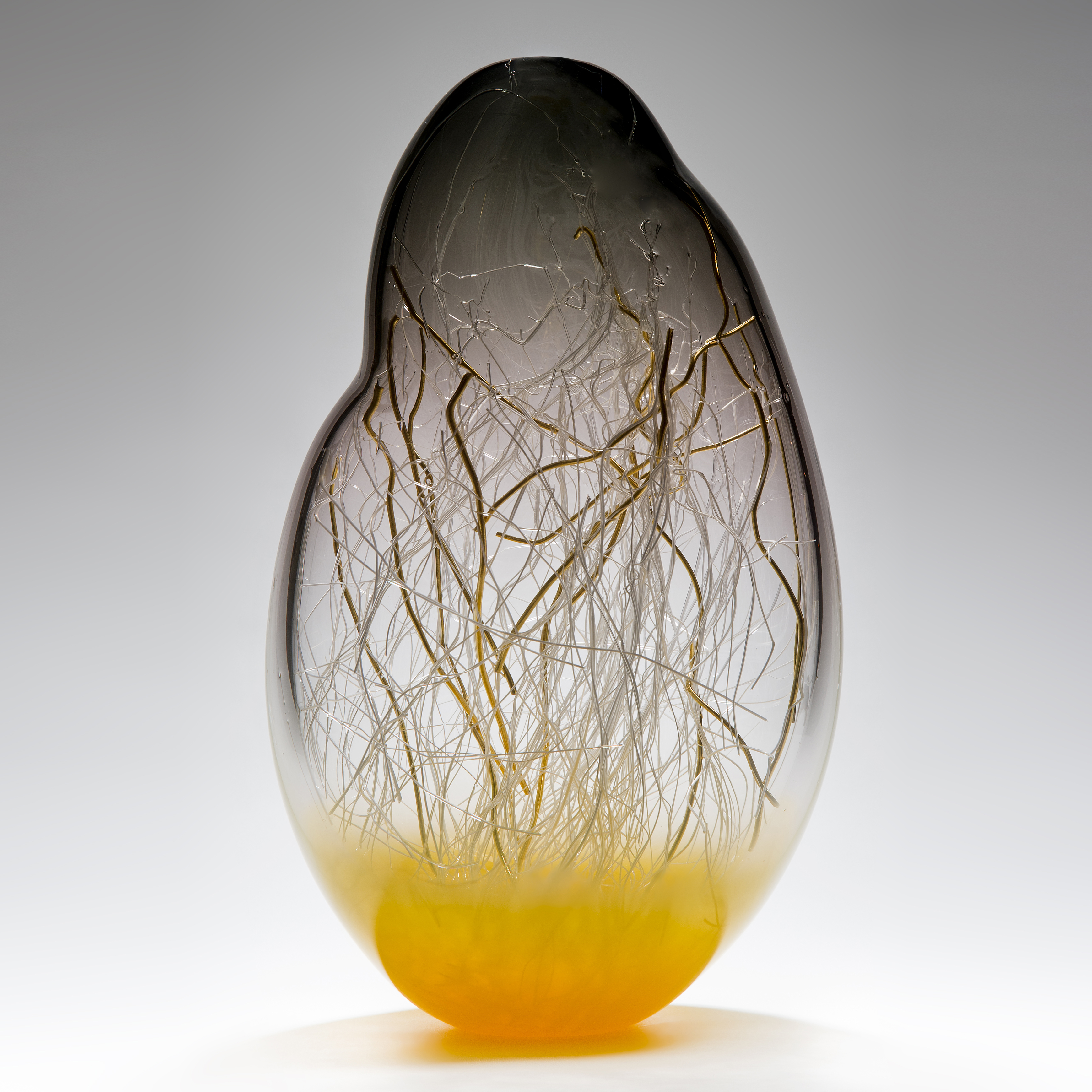 sculpted glass vessel in grey and yellow with internal wire structure