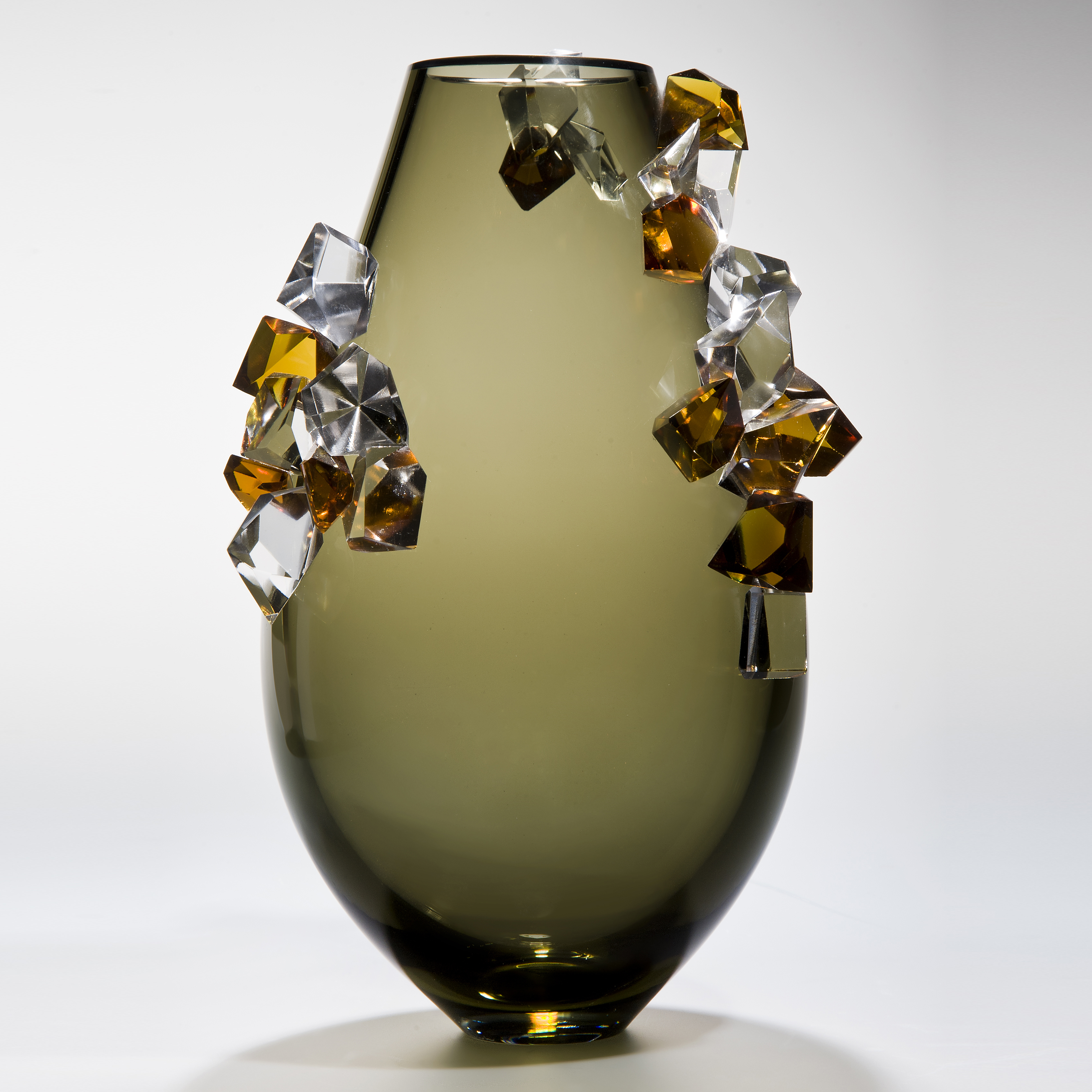 tobacco coloured art glass vase with external coloured crystal adornment