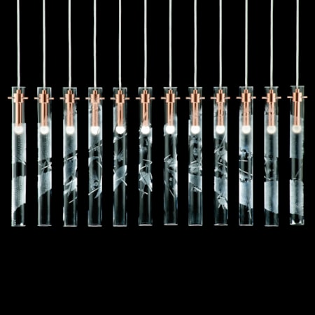 hanging blown glass lighting installation with metal fittings
