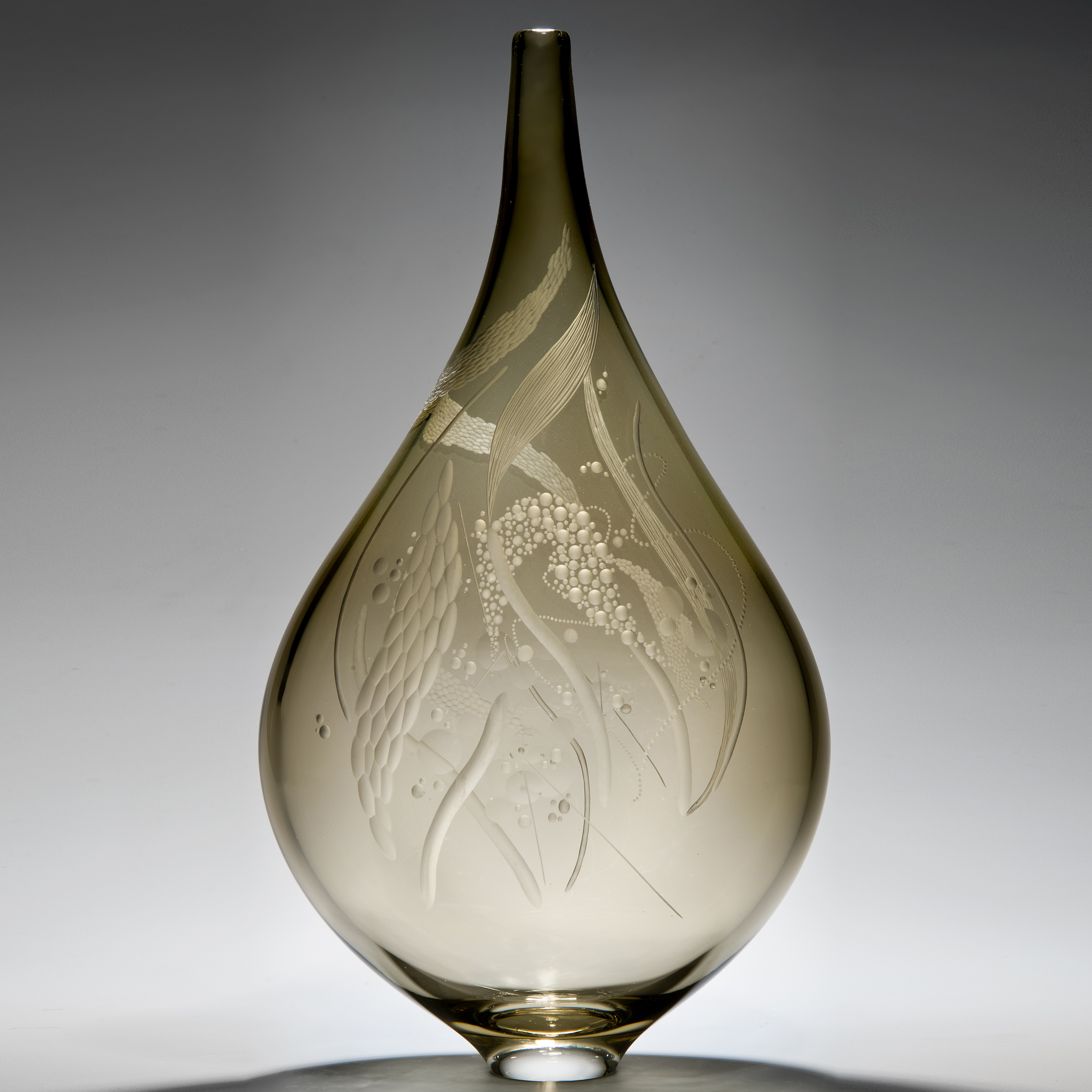 grey art glass vase with large base and thin neck