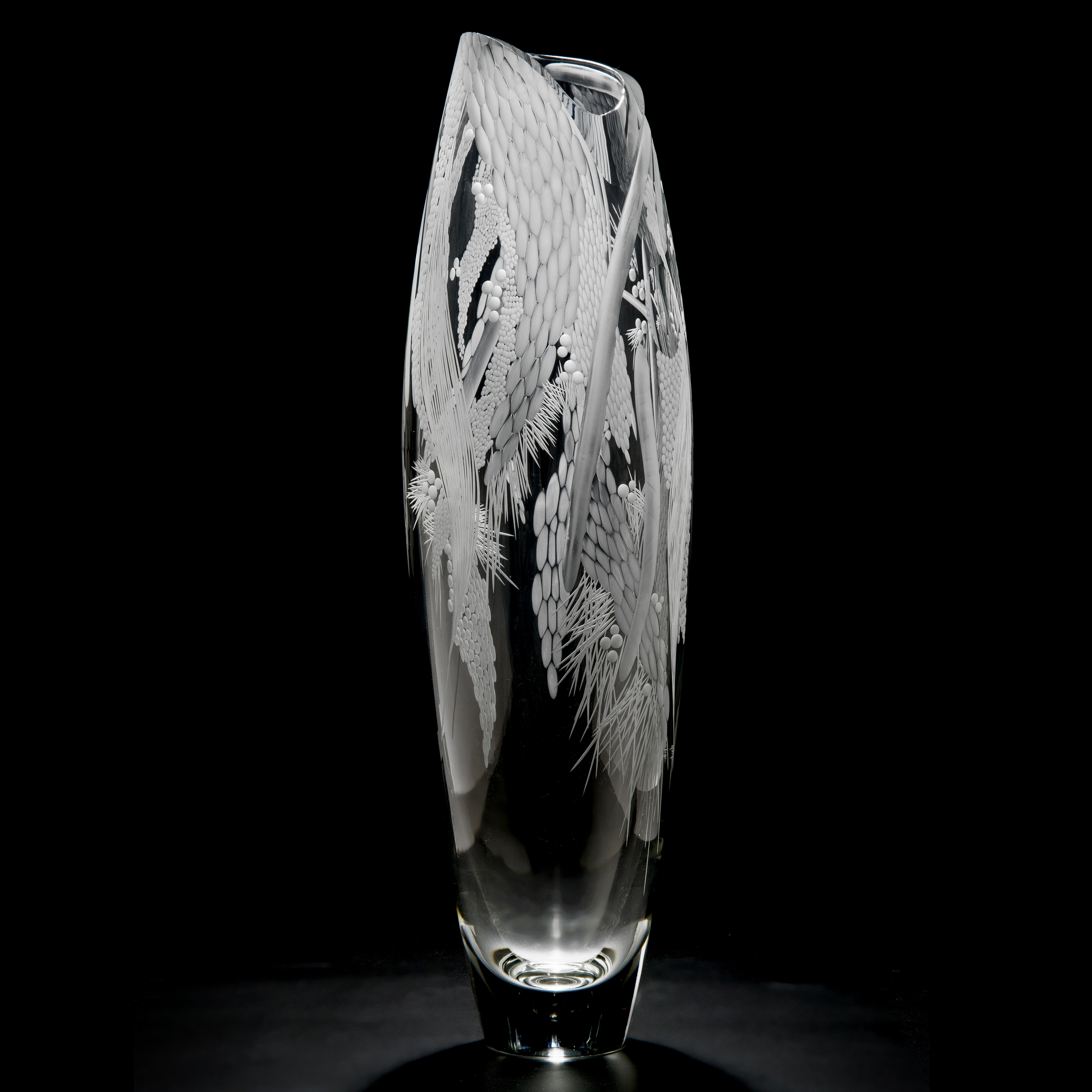 tall clear glass vase sculpture with engraved floral pattern