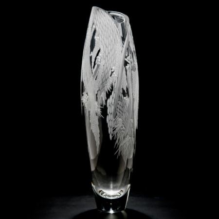 tall clear glass vase sculpture with engraved floral pattern