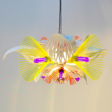 neon acrylic lighting installation formed of flower shaped blooms