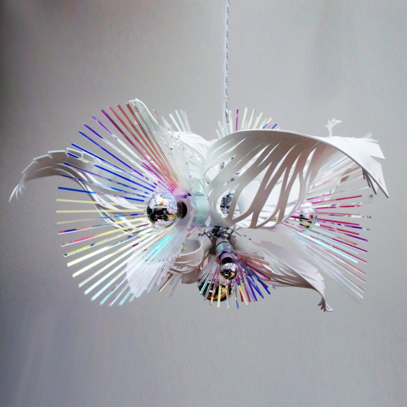 sculptured acrylic chandelier in abstract shape in white and neon colours
