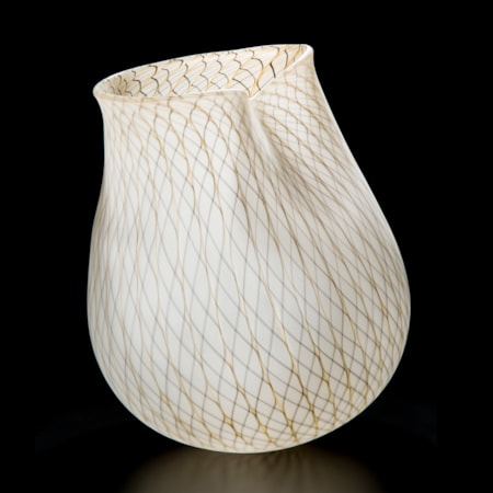 white glass art basket with faint gold pattern