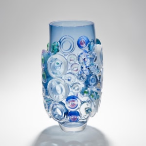 aquamarine handblown glass vase art sculpture with external circular decorations