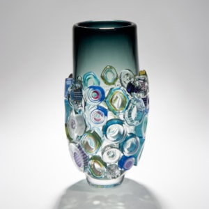 green handblown art glass vase with external adornments