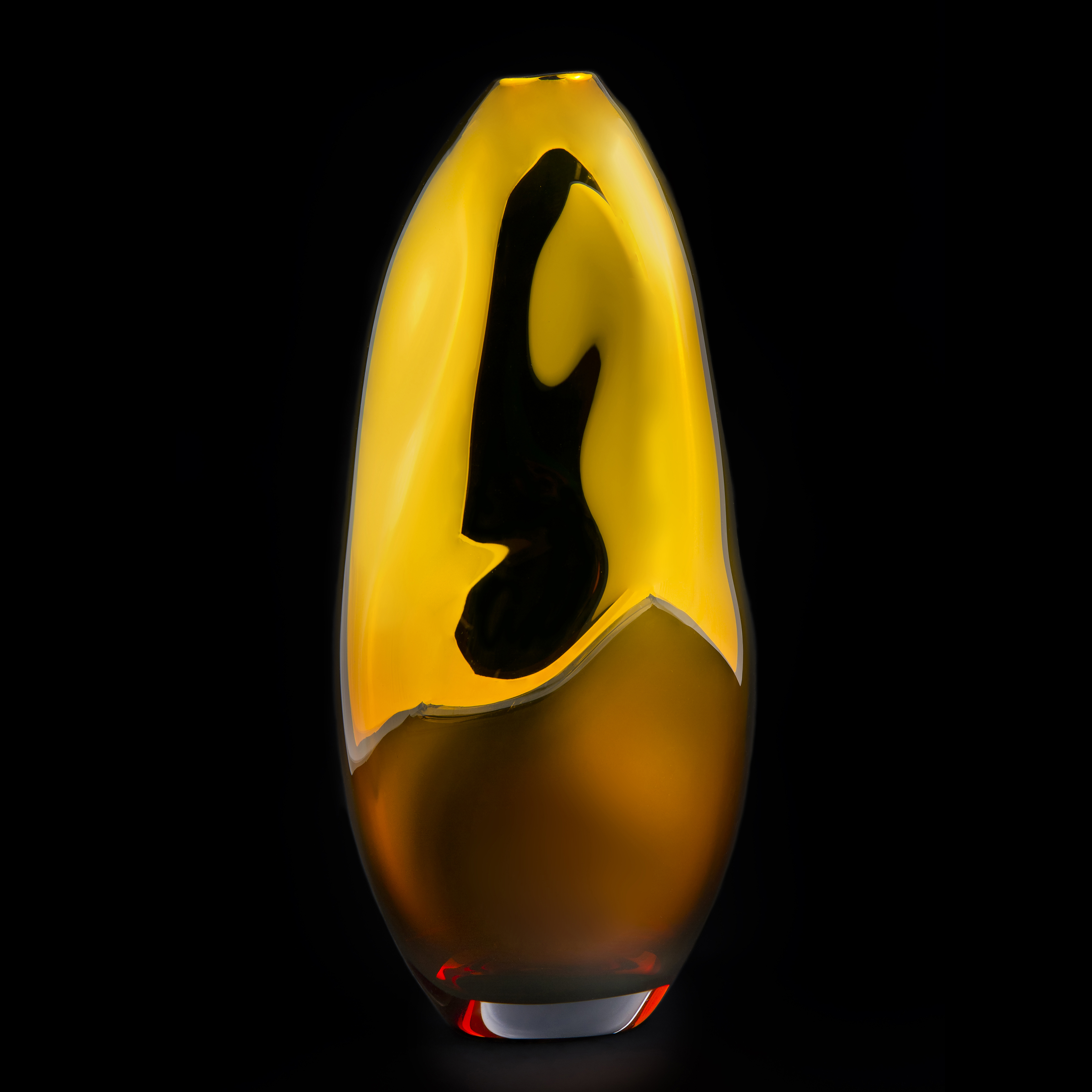 handblown and sculpted decorative glass ornamental vase in yellow, gold and black