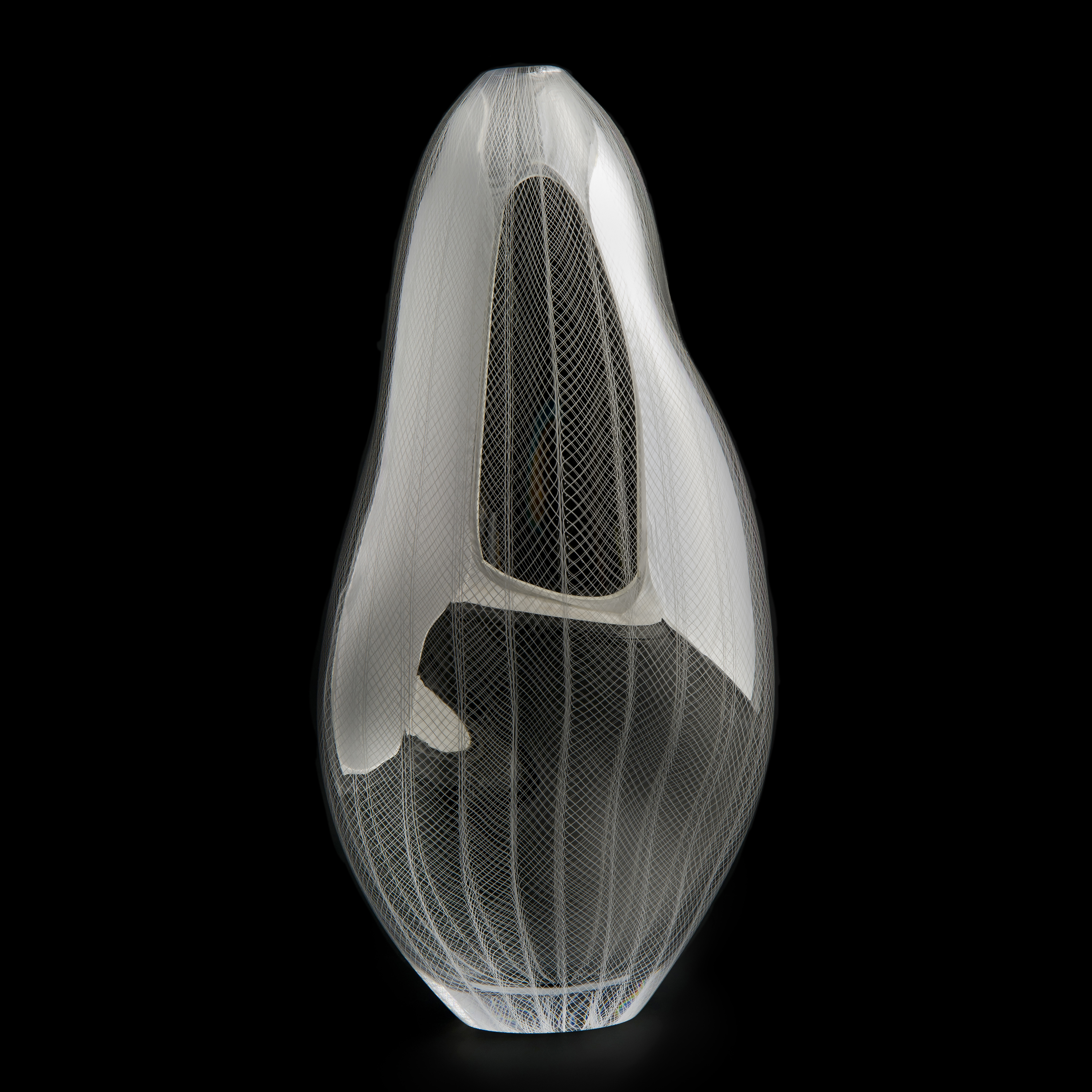 handblown sculpted decorative glass vase in light and dark silver with lined and checked engraved pattern