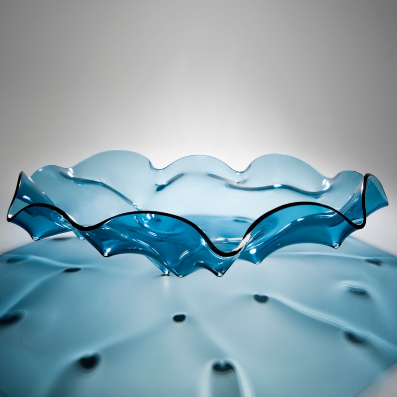 aqua blue art glass bowl sculpture with rippled edge pattern