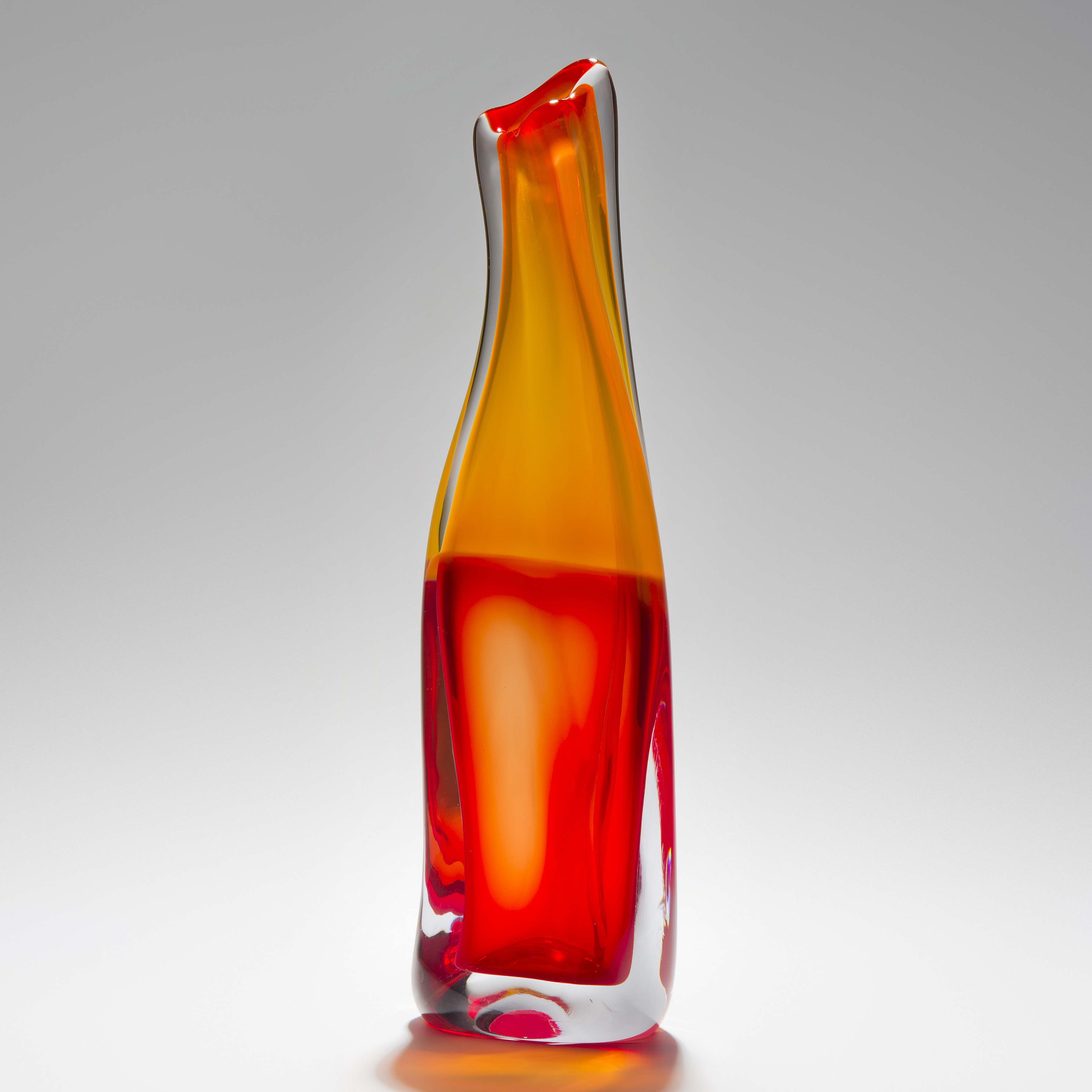 tall modern art glass vase sculpture in orange and red