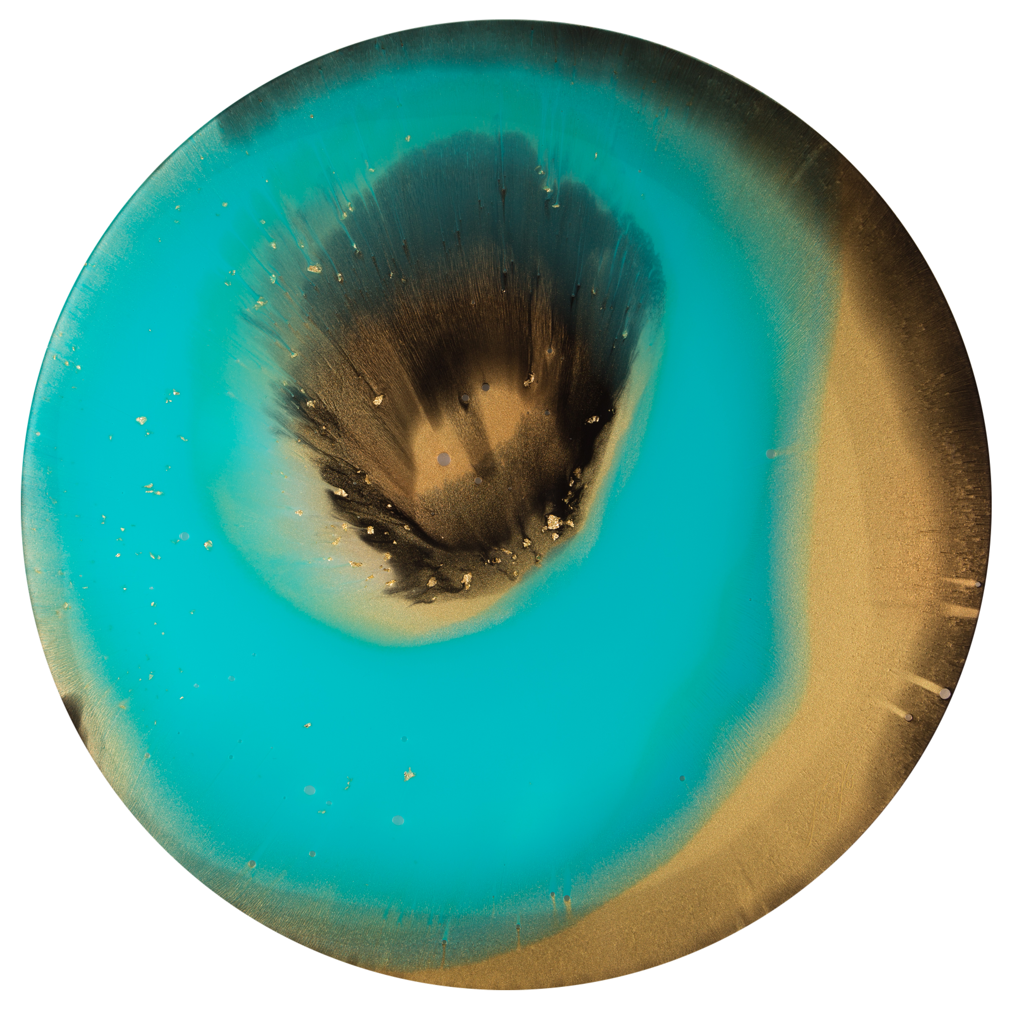 light blue and sand coloured round glass sculpture with brass bezel and chain