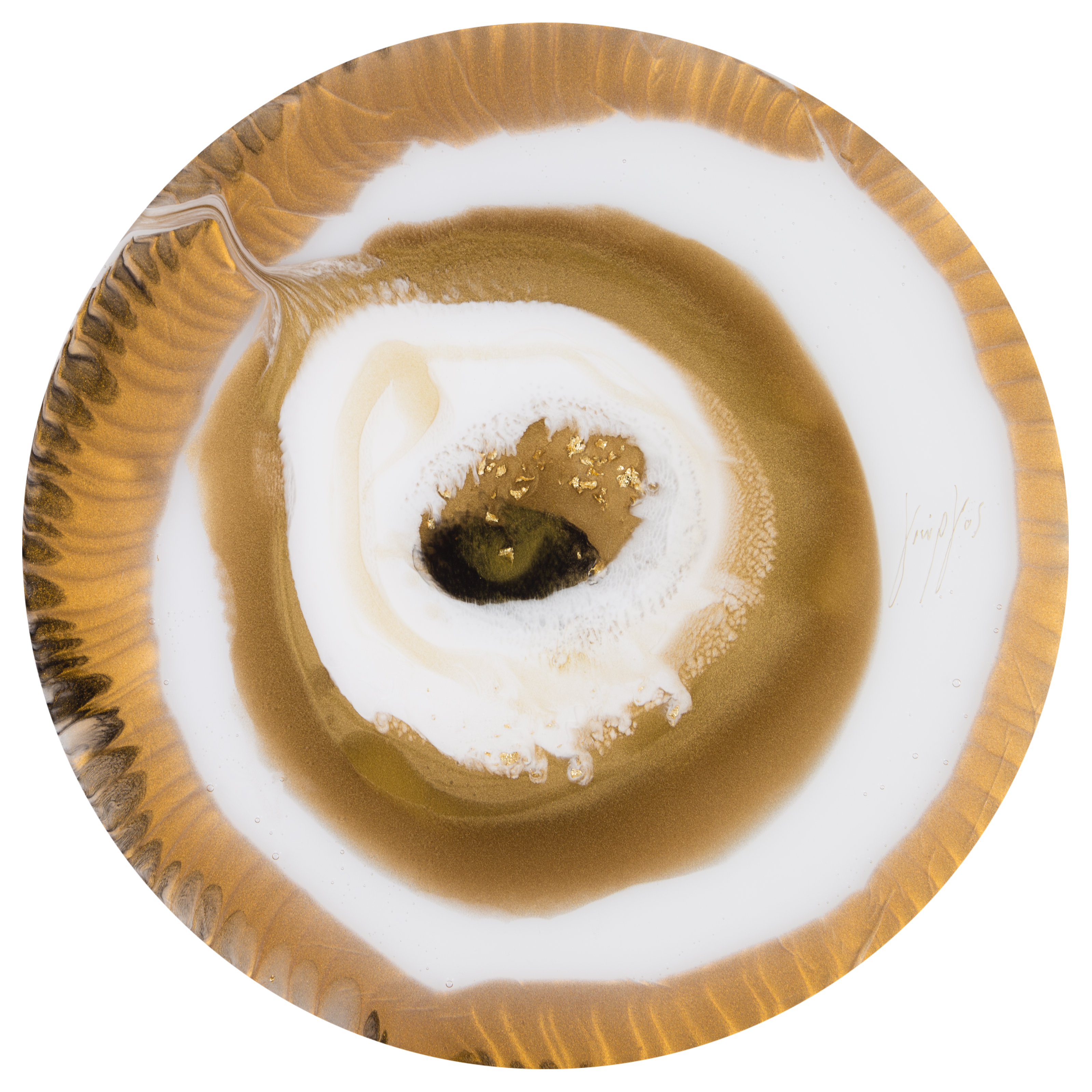 hanging round glass sculpture of an eye like shape in white and beige