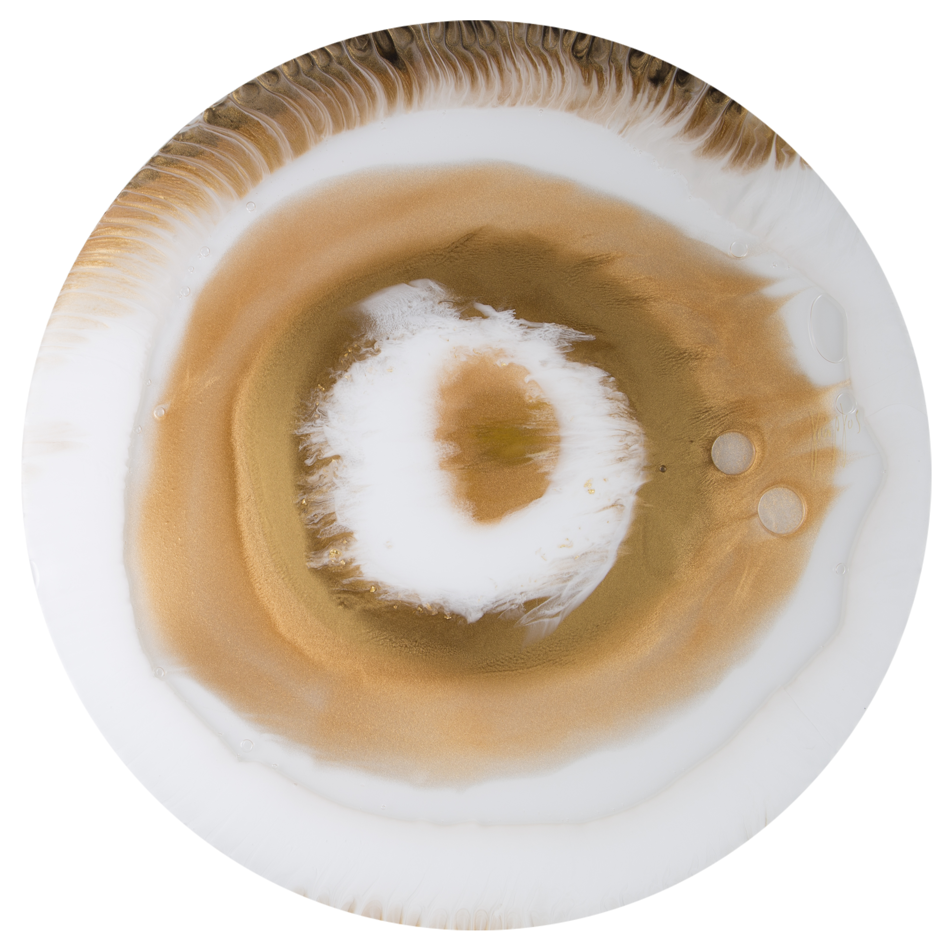 hanging round glass sculpture of an eye like shape in white and beige