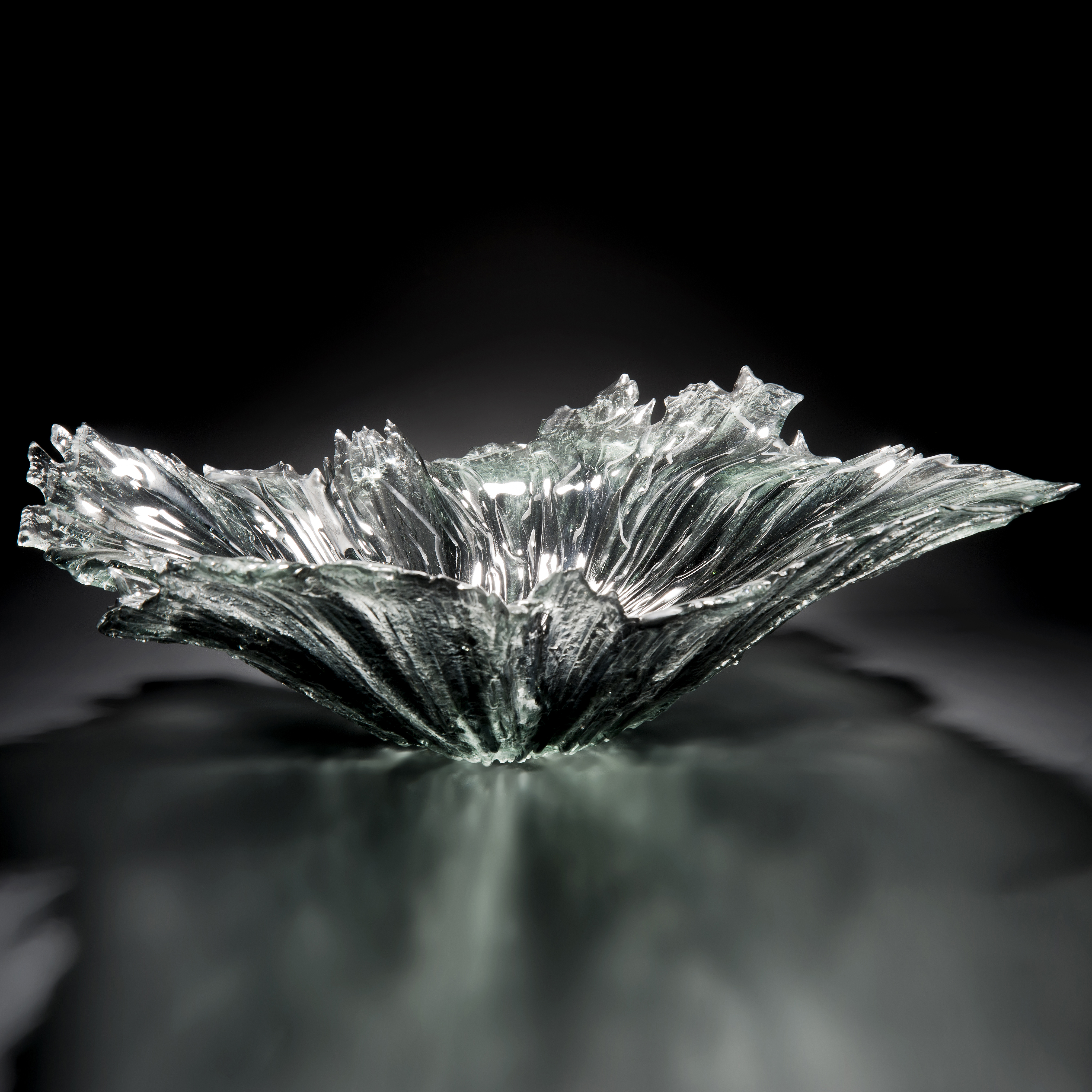 hand cut glass coral bowl sculpture in grey