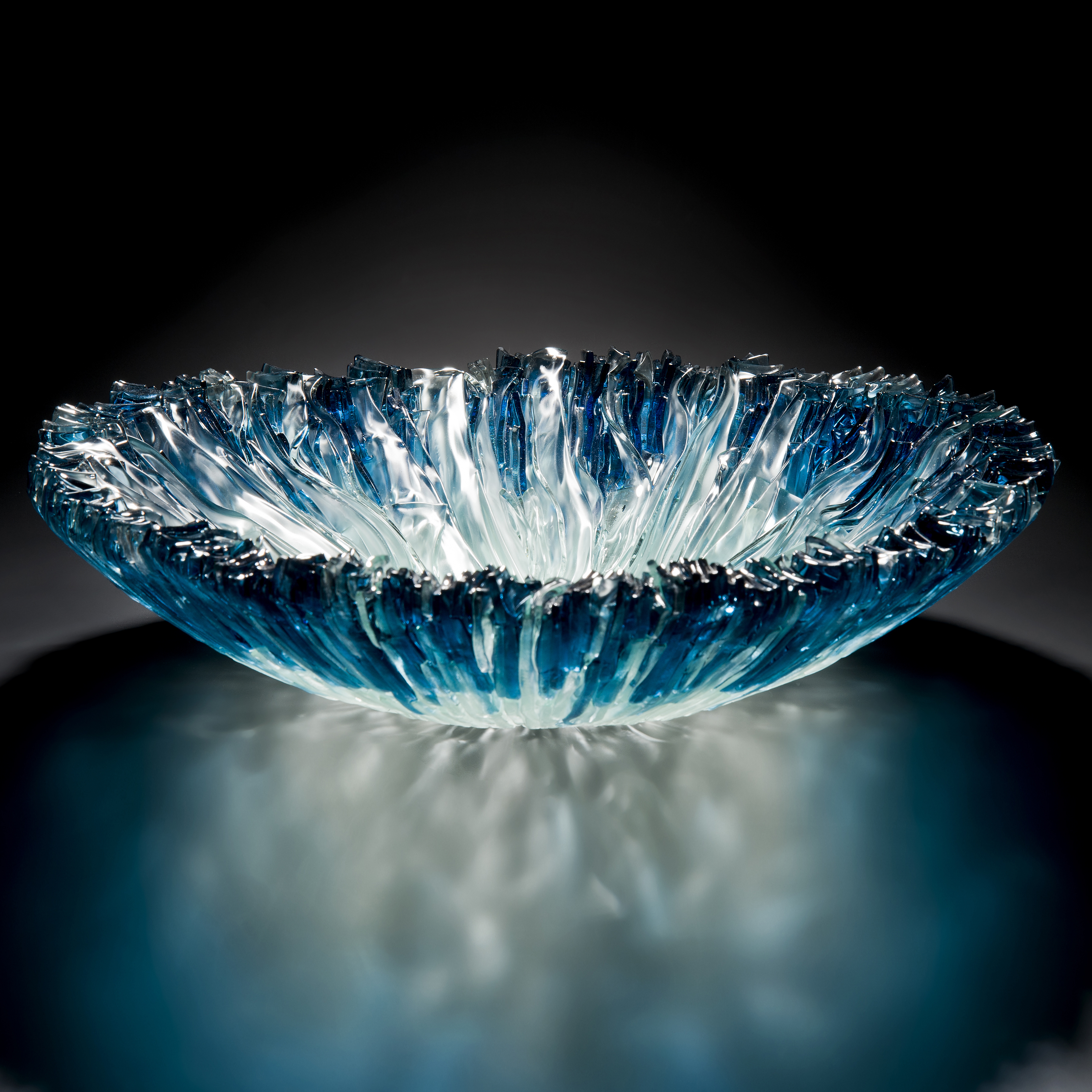 glass bowl sculpture from hand cut glass shards in aqua