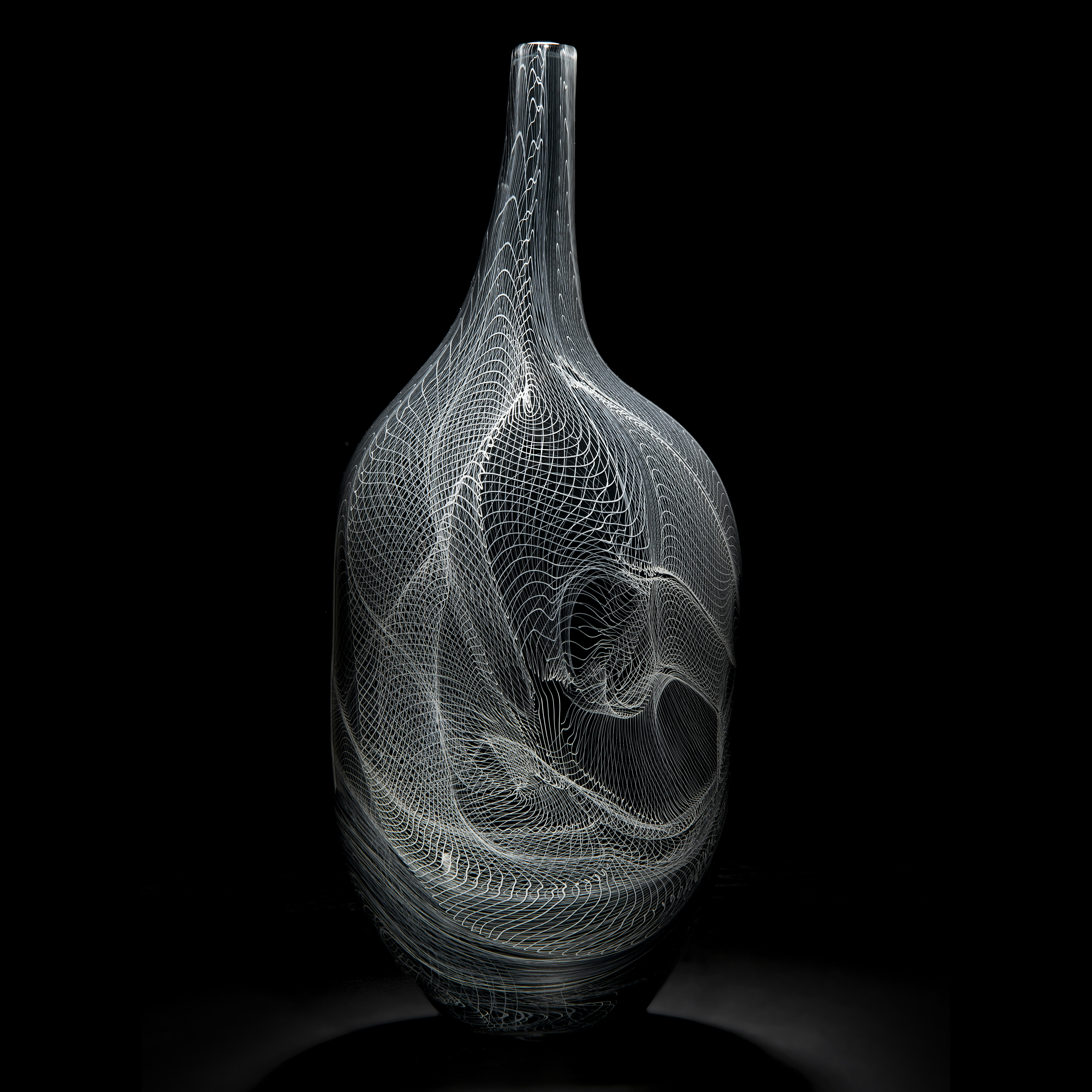 modern grey art-glass vase with intricate white cane pattern