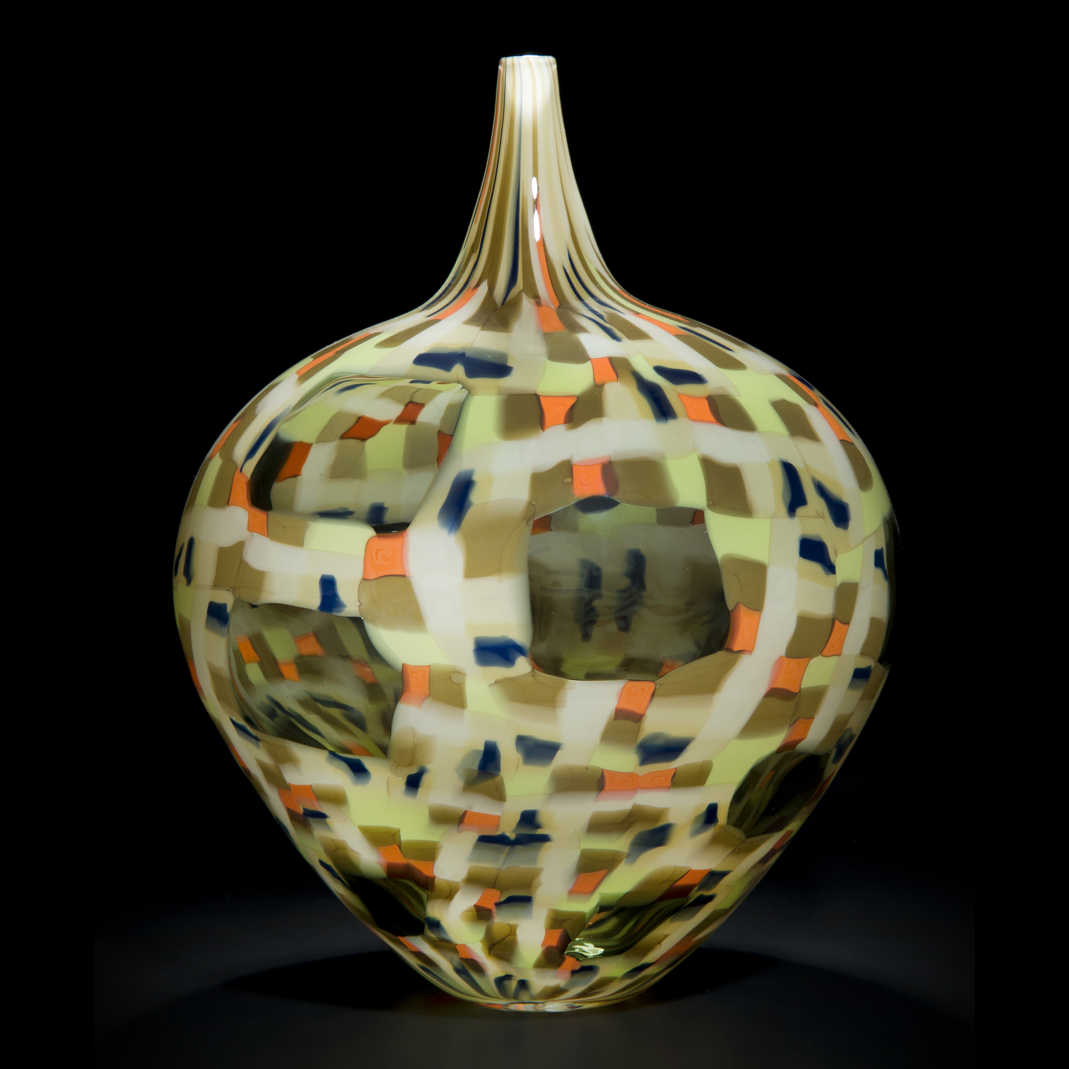 round modern murrini glass vase sculpture in patterned grey green and orange