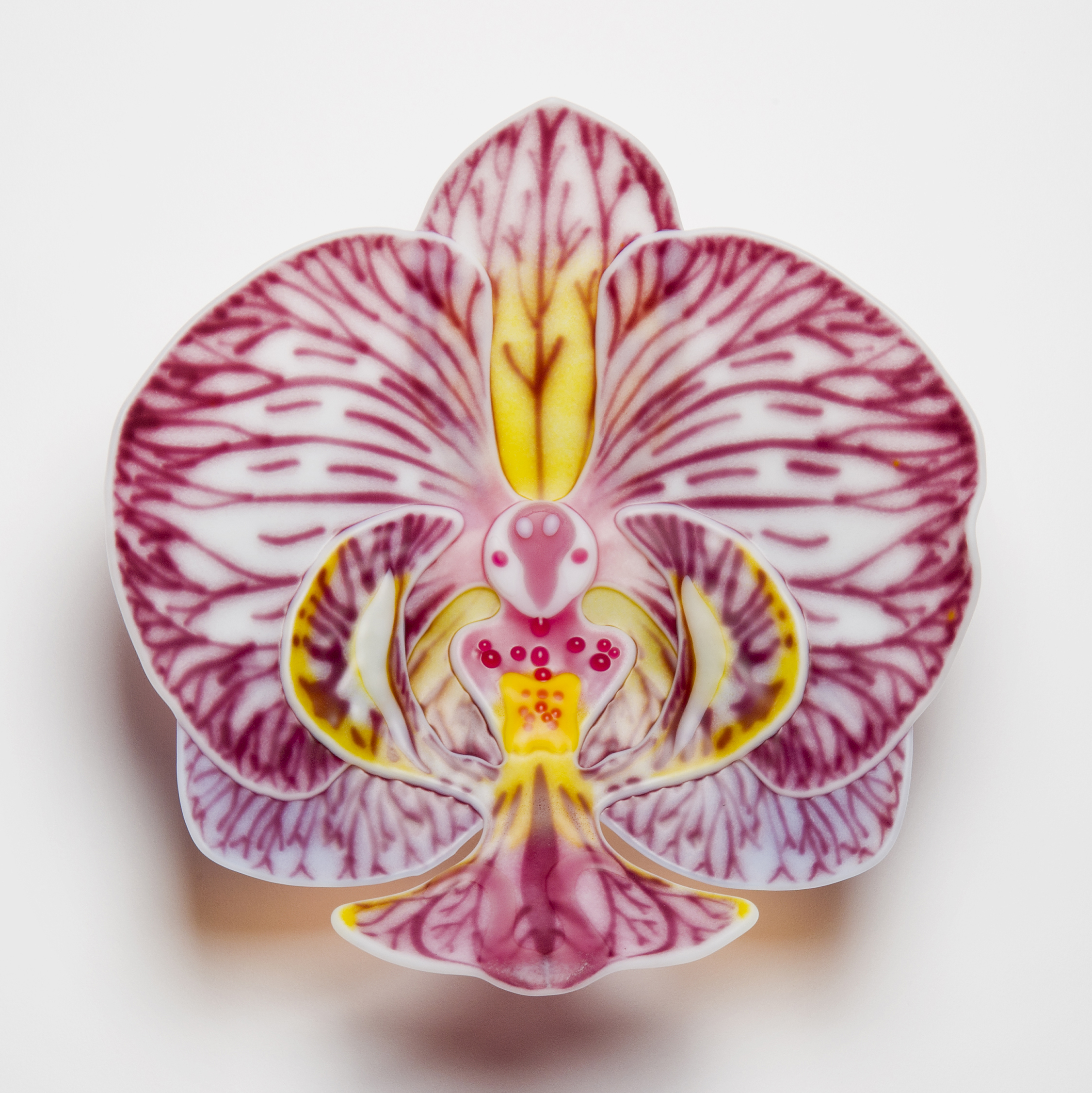 flower shaped hanging glass wall sculpture in crest shape with white background red purple and yellow detail