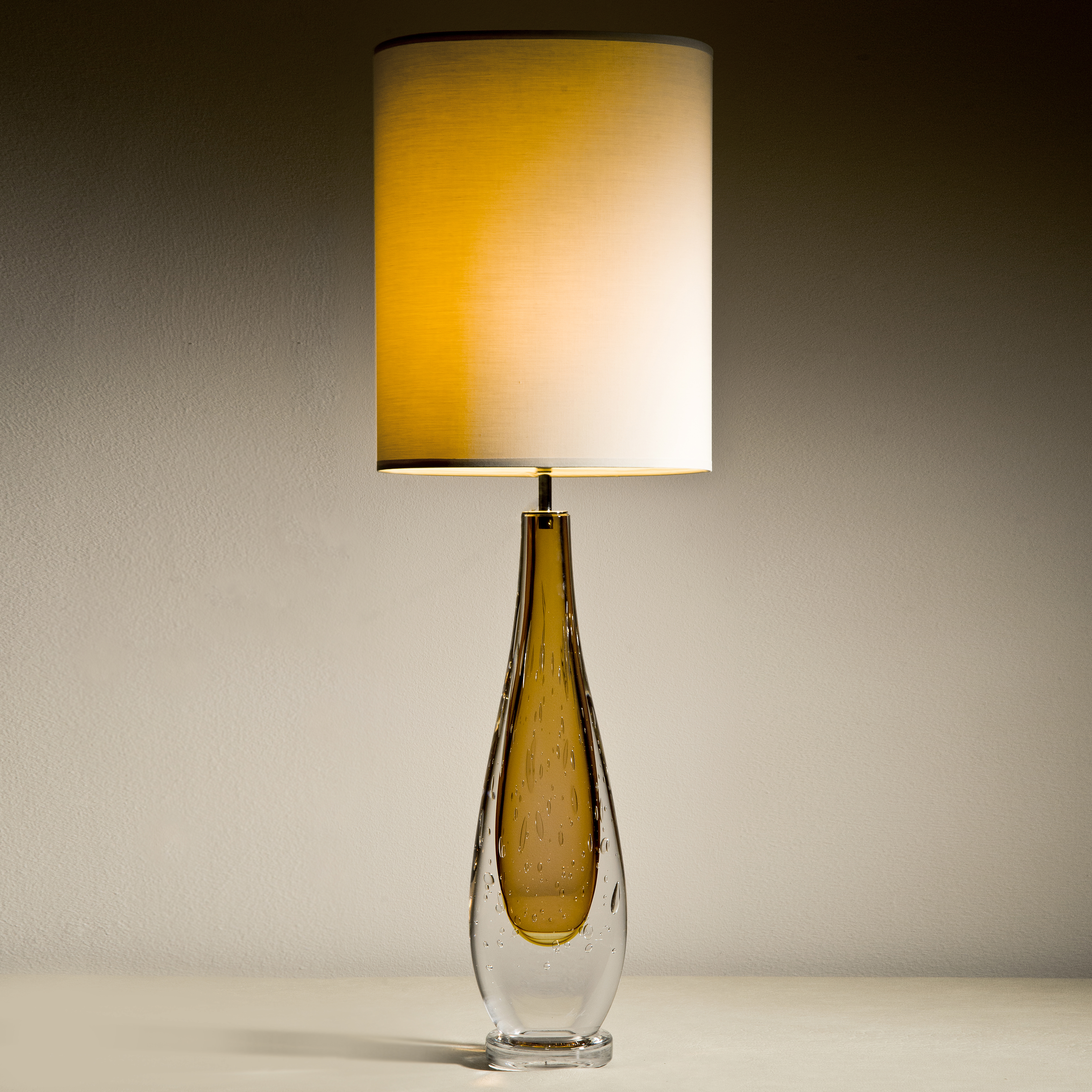 table lamps with hand blown glass base in aubergine and blue