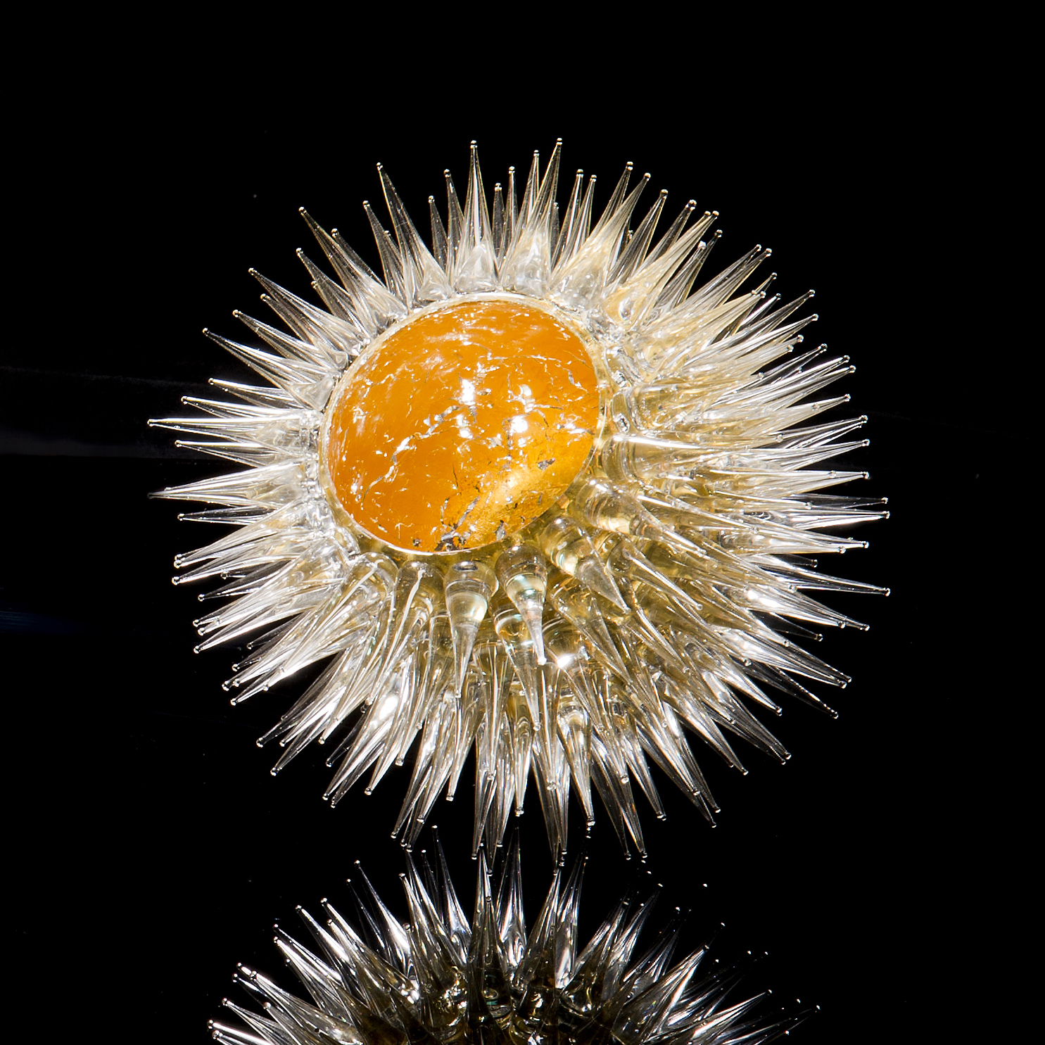 art glass sculpture of urchin in white with gold centre