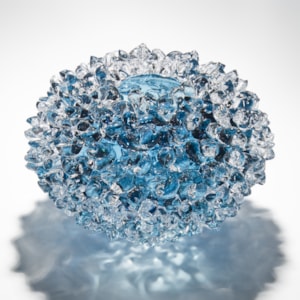 modern handblown art glass ornament of crystals in flower form in blue