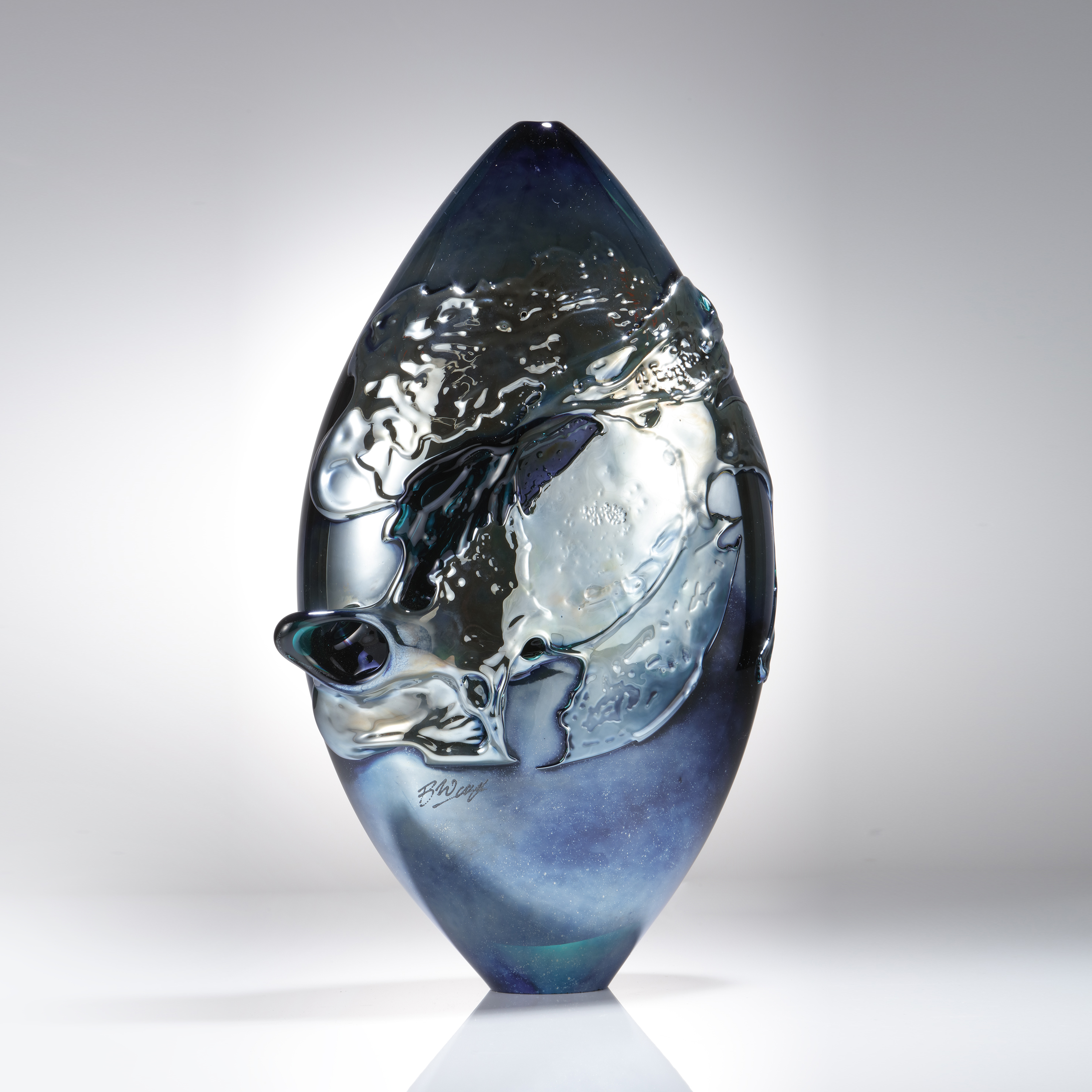 handblown contemporary glass art sculpture urban metallic blue