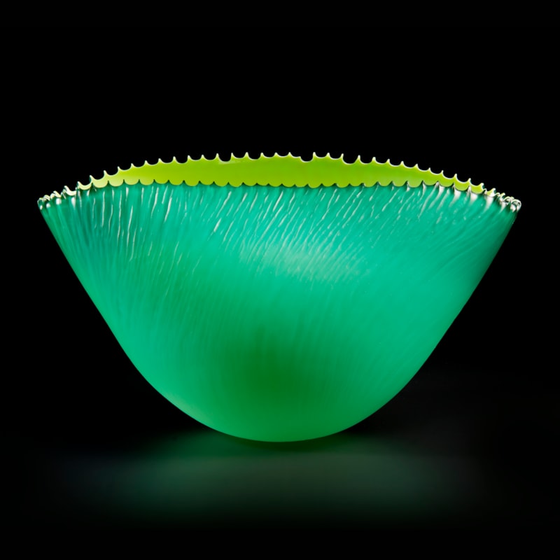 lime green glass bowl sculpture with jagged edge