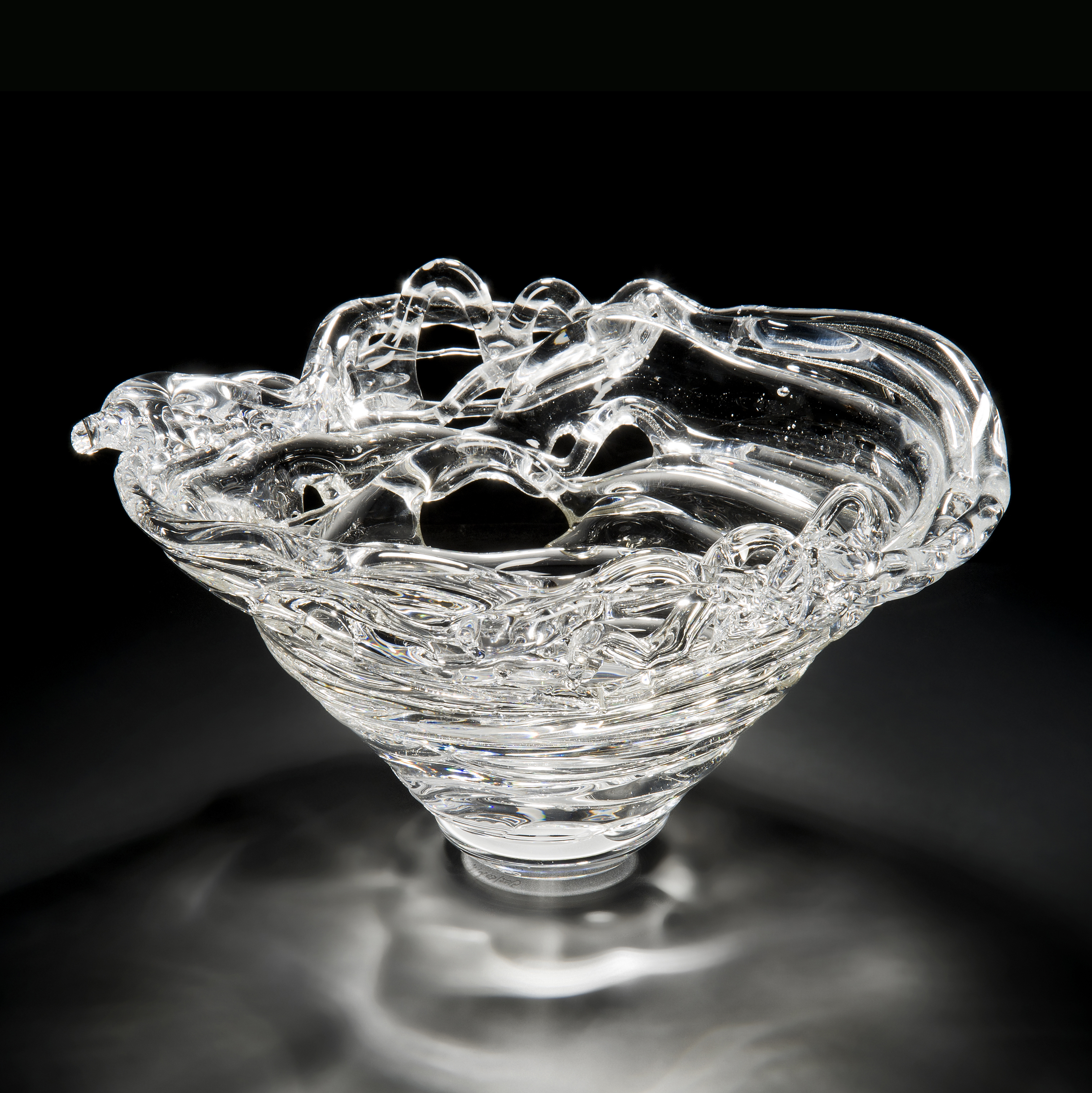 sculpted cone shaped clear glass bowl artwork 