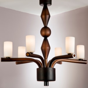 steel frame chandelier with six arms holding blown glass cups