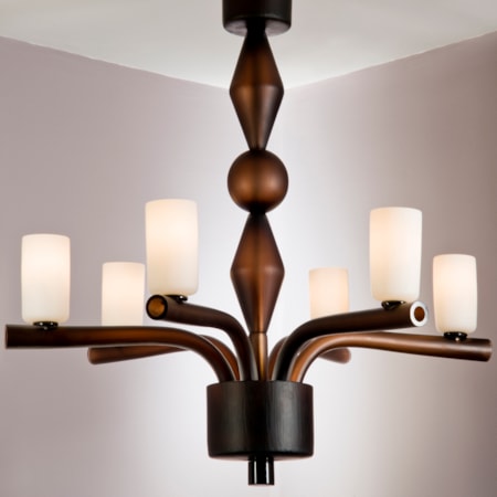 steel frame chandelier with six arms holding blown glass cups