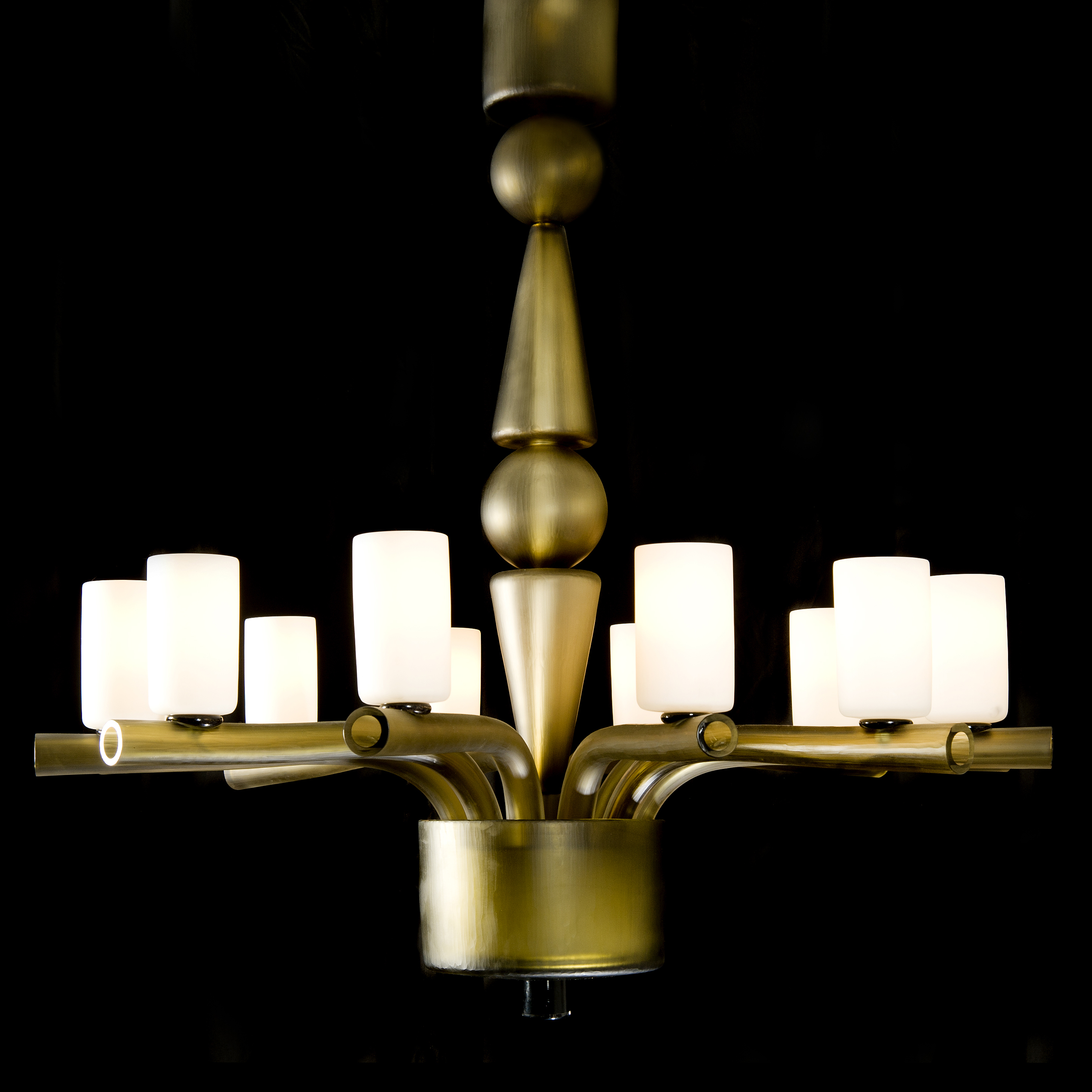 steel frame chandelier with 12 arms holding blown glass cups