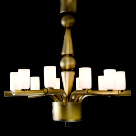 steel frame chandelier with 12 arms holding blown glass cups