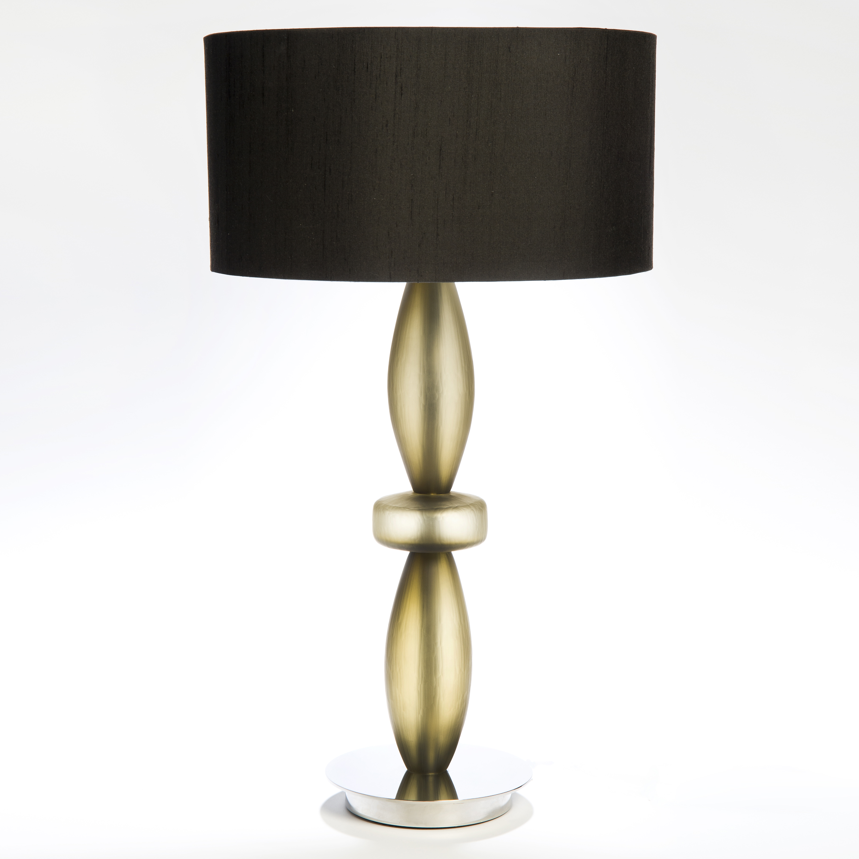 table lamp with gold steel base and black cut glass lampshade