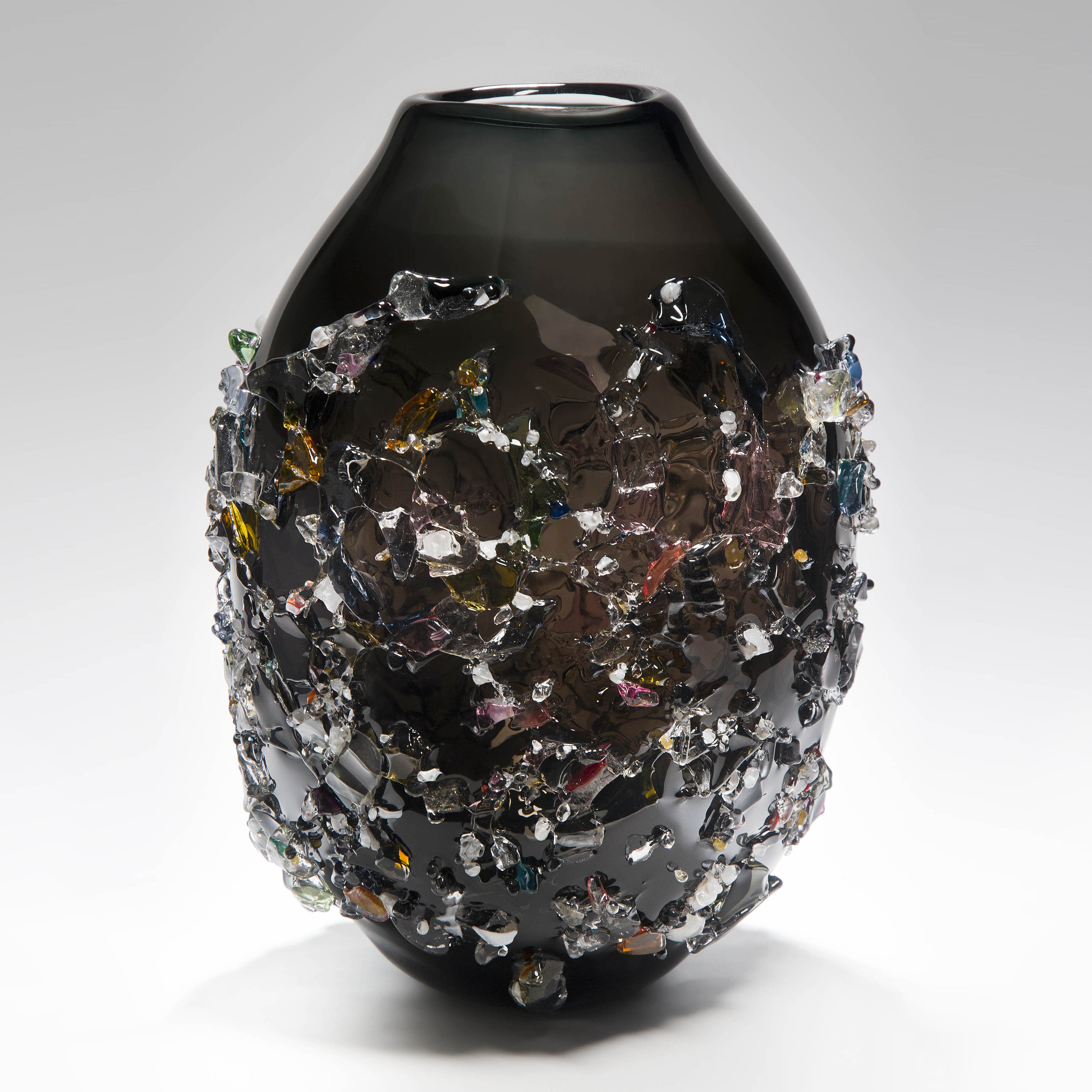 large black sculpted art glass vase with external crystal adornments