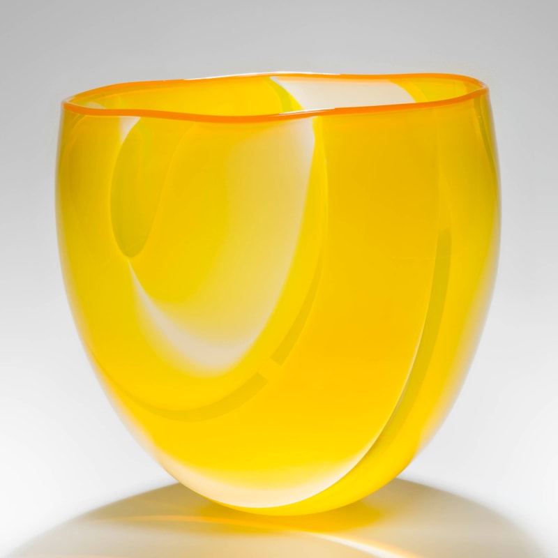 sculpted art glass short vase in bright yellow