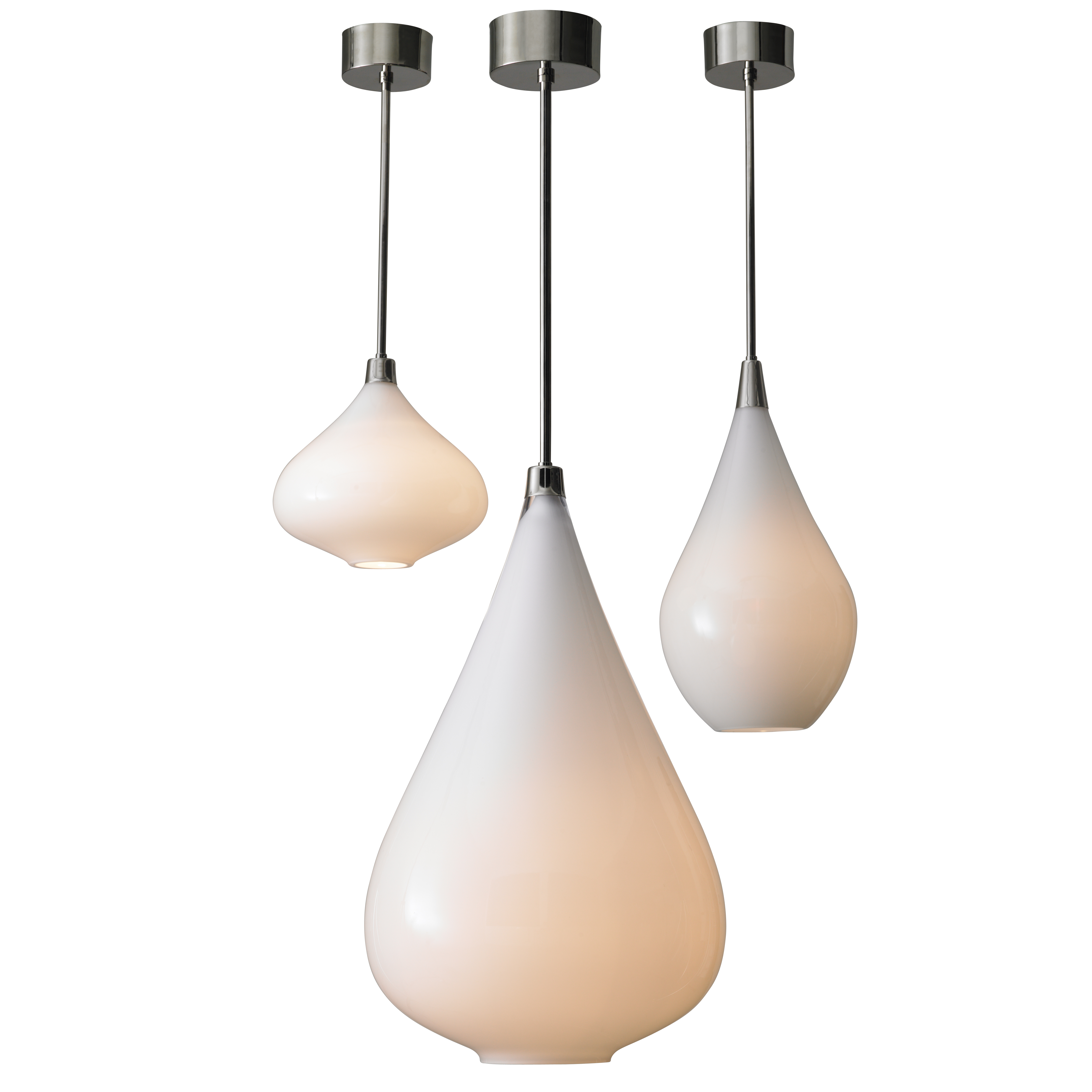 three white sculpted glass hanging lights in different peardrop shapes