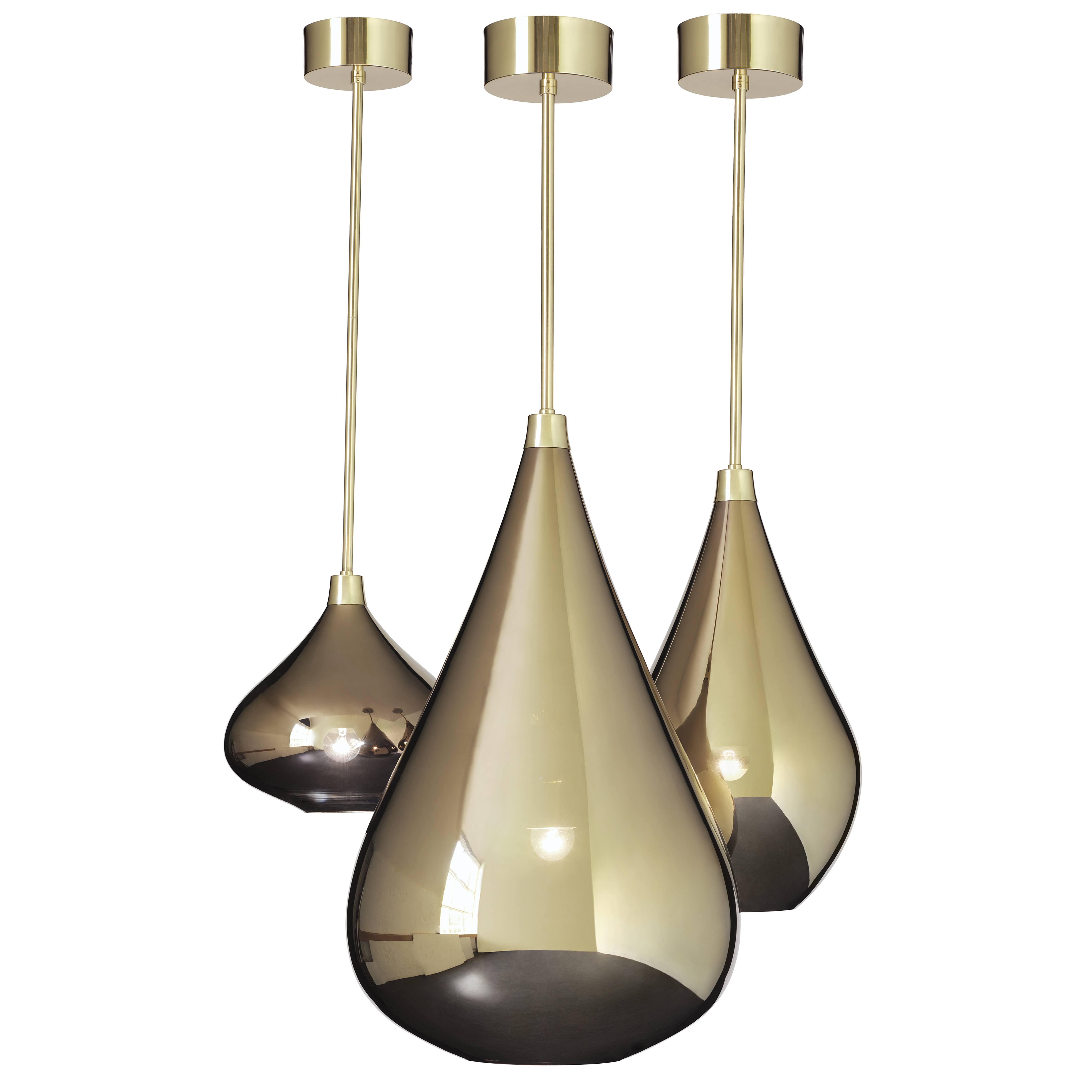 three gold lustred glass pendant light fittings in small medium and large