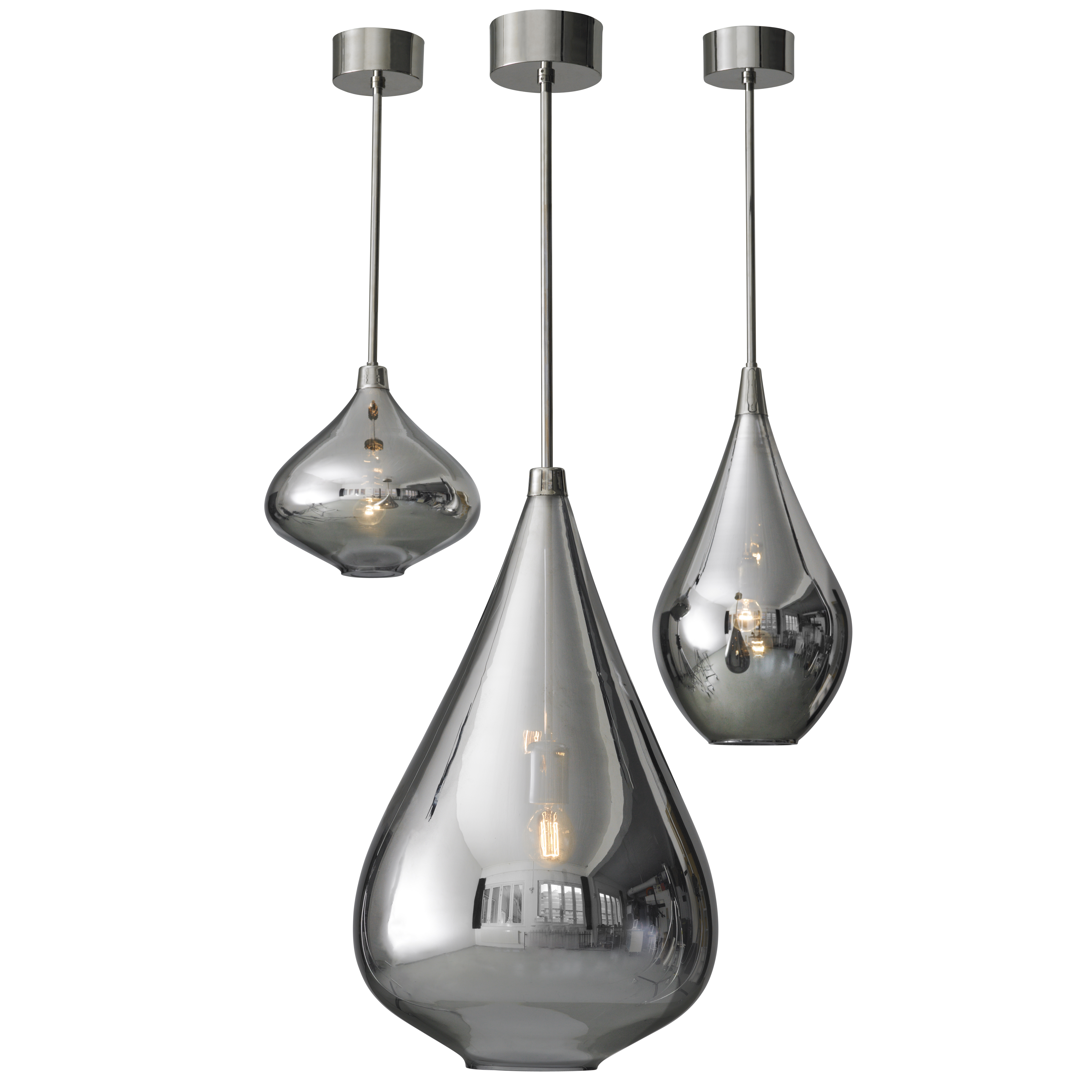 three platinum glass pendant lights hung from nickel plated poles
