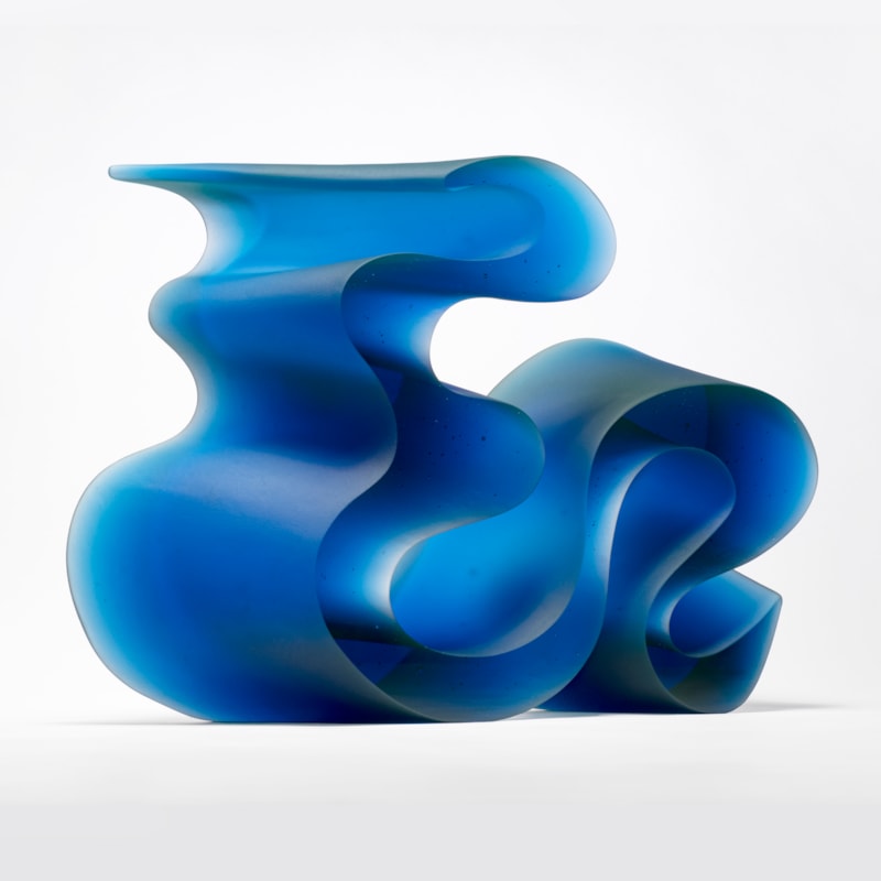 abstract geometrical contemporary sculpture in blue cast glass