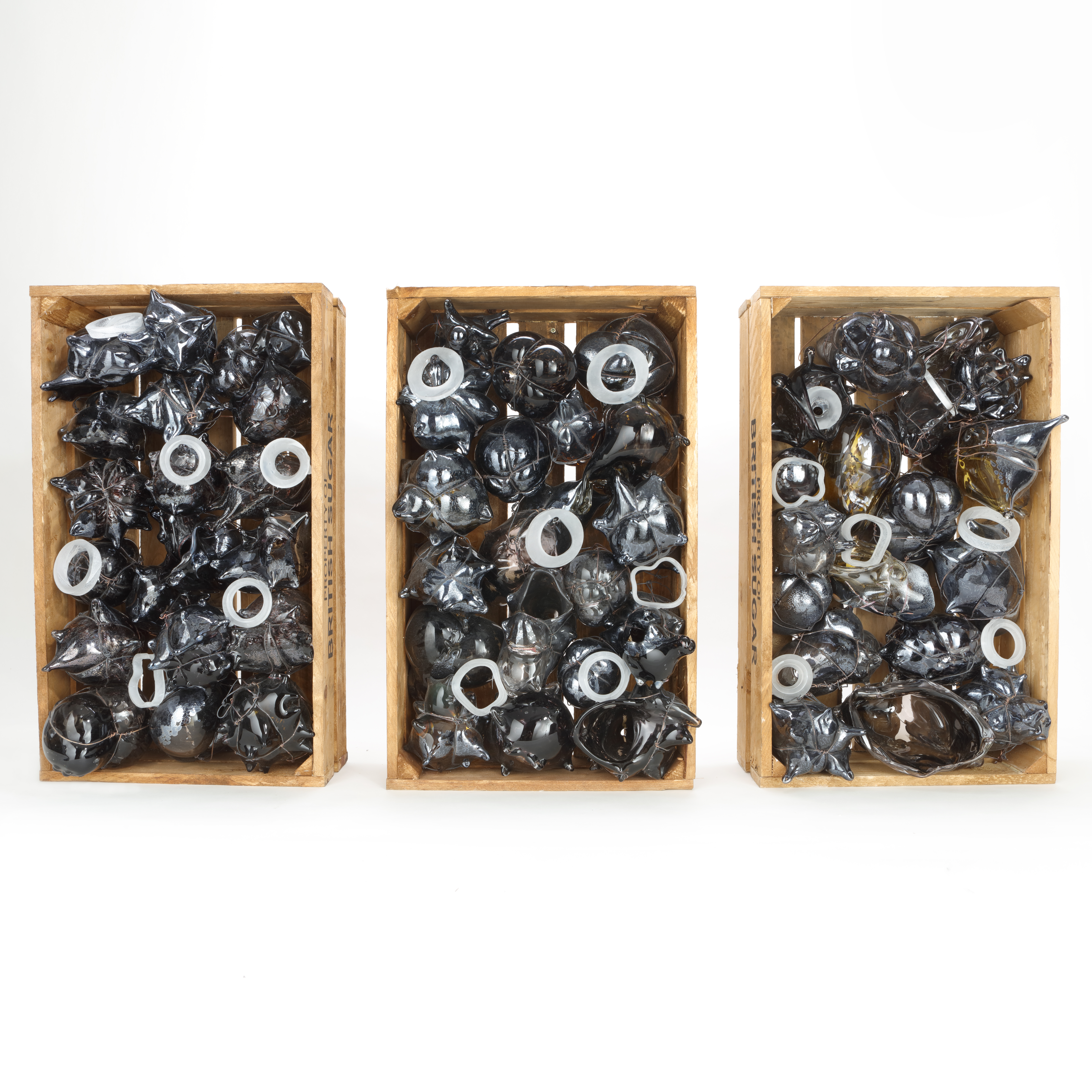 art-glass triptych with sculpted glass reclaimed wood and electrical wire