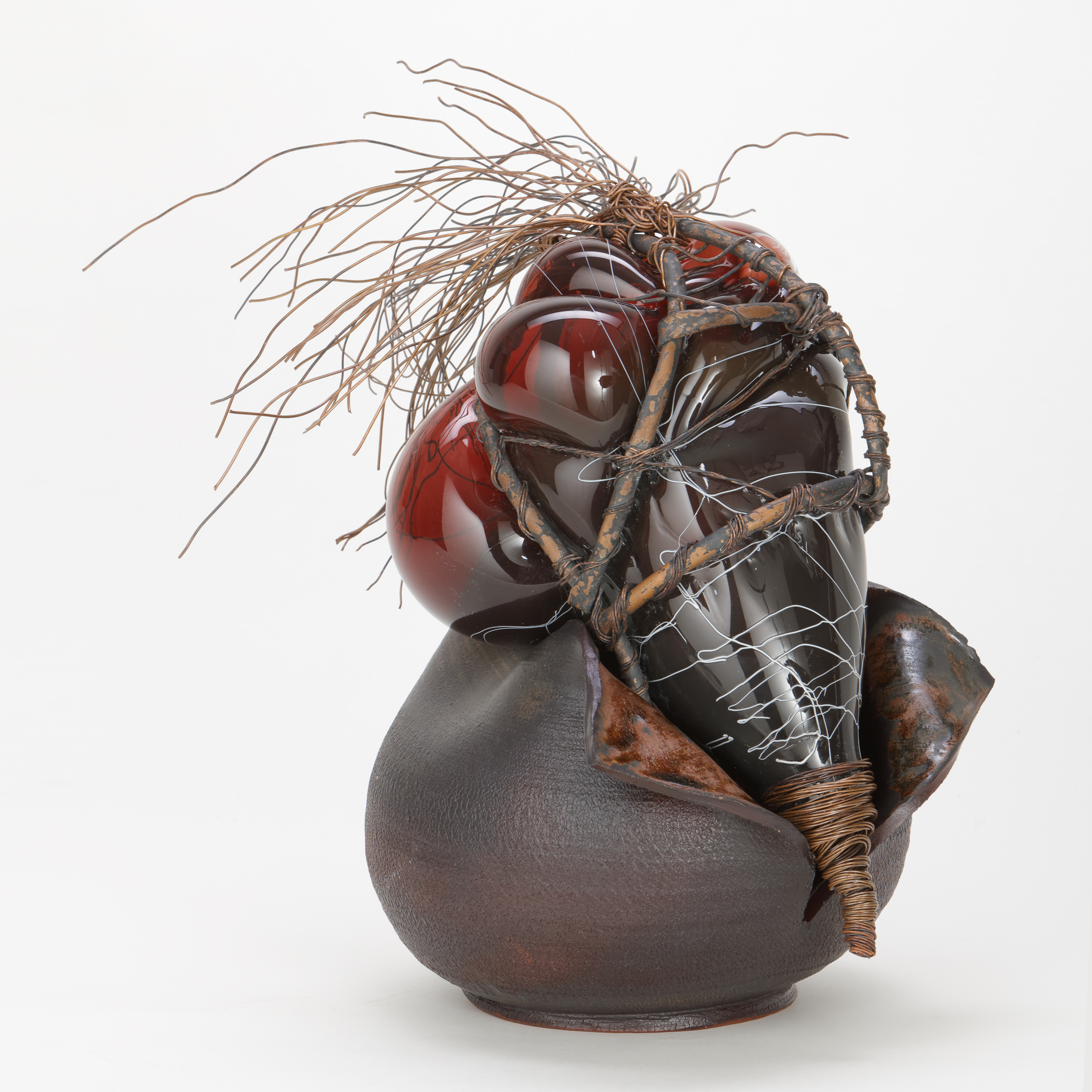 art-glass mixed media ornament in terracotta and copper