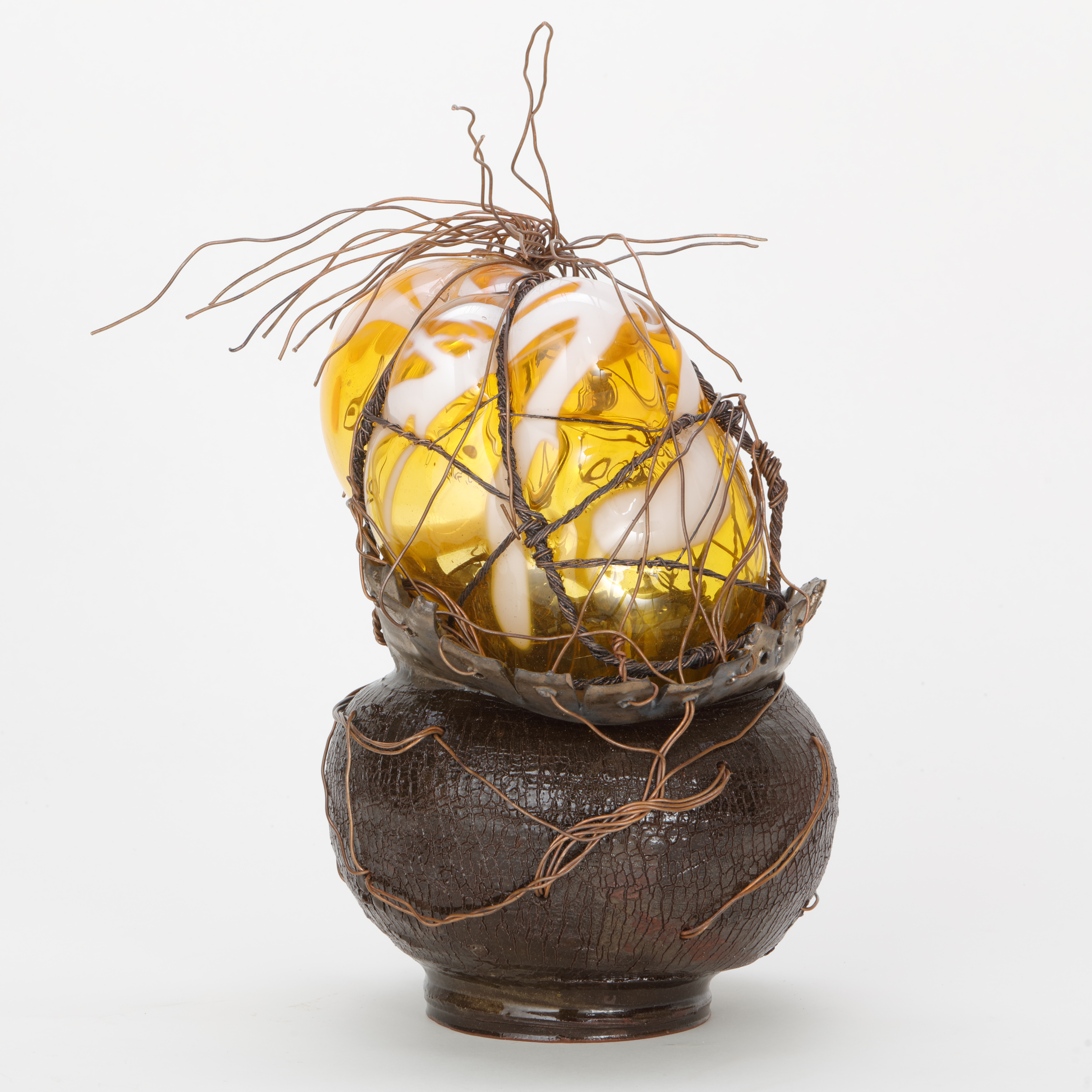 Handblown sculpted glass artwork with terracotta and copper wire