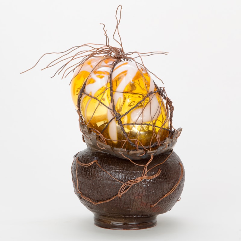 Handblown sculpted glass artwork with terracotta and copper wire