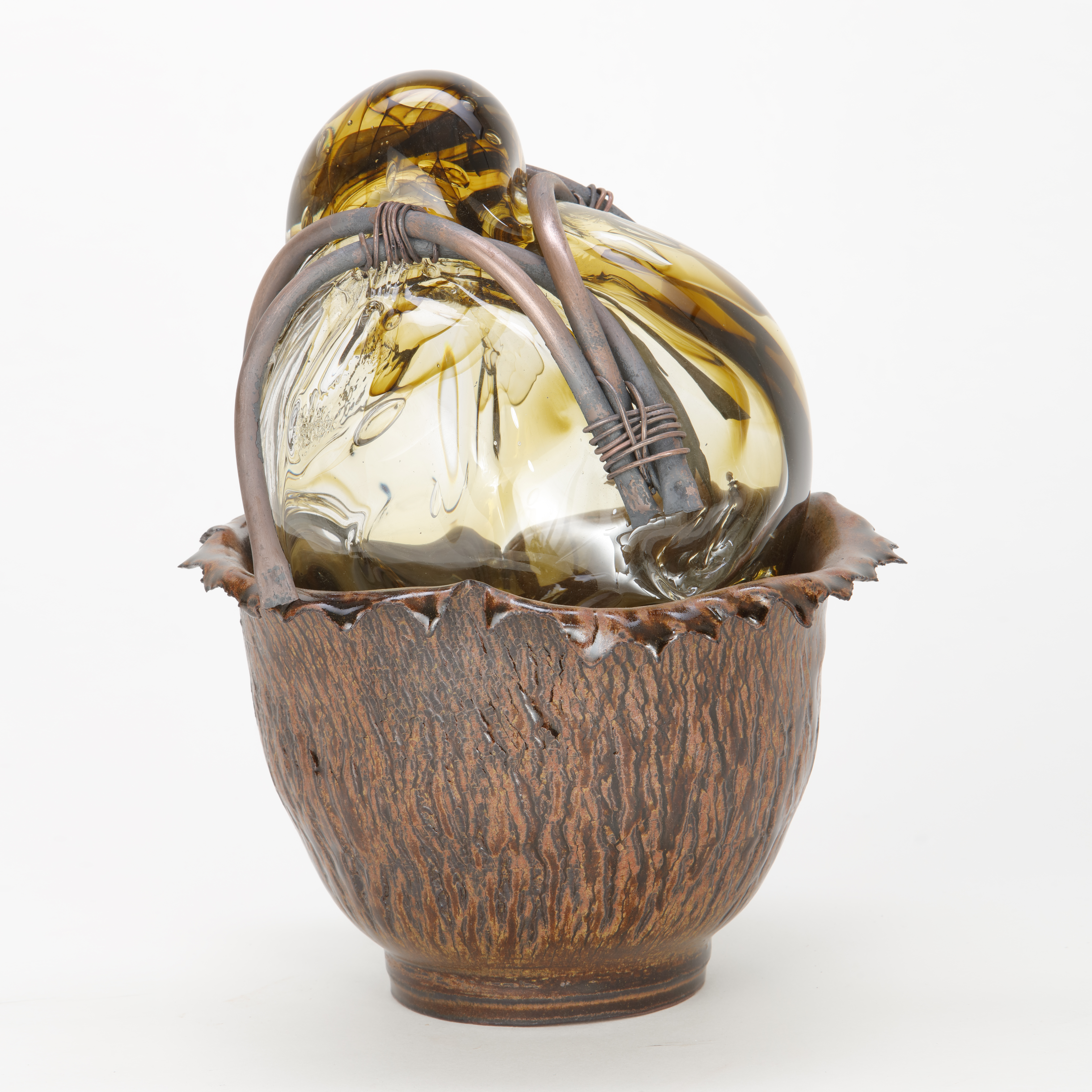 fruit basket art glass sculpture in copper wire and gold