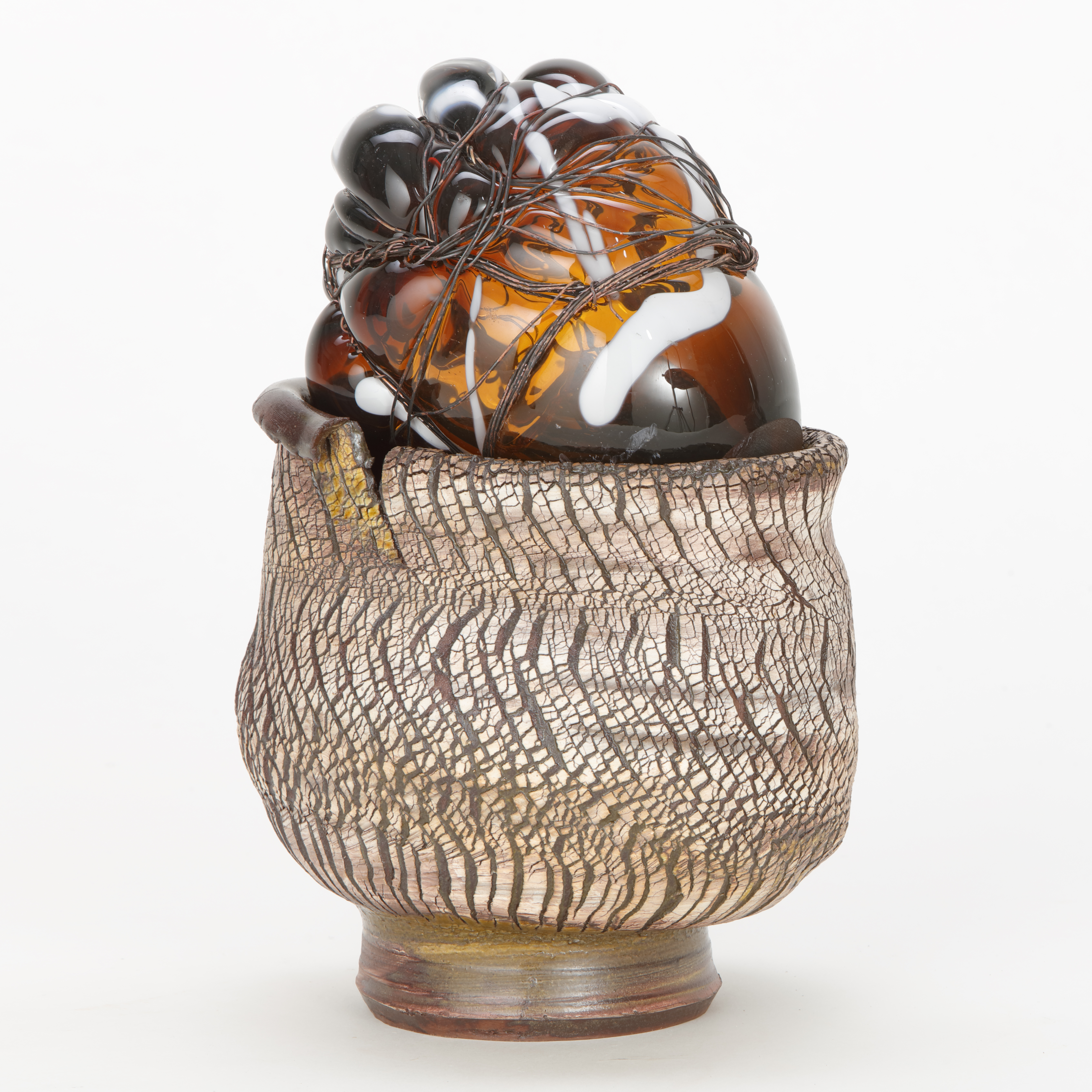 art-glass mixed media ornament in terracotta and copper