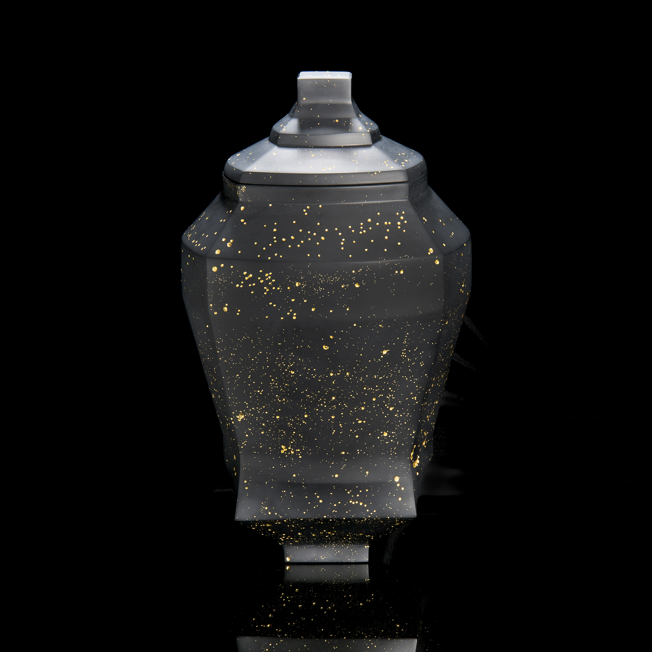oriental style decorative glass art urn vase in black and gold